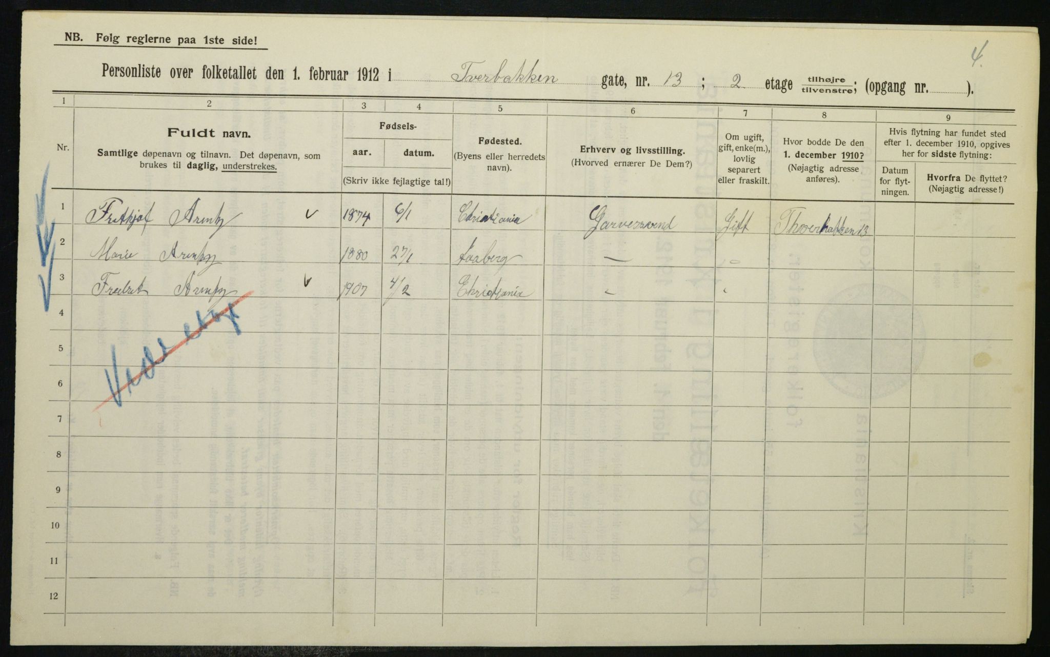 OBA, Municipal Census 1912 for Kristiania, 1912, p. 117517