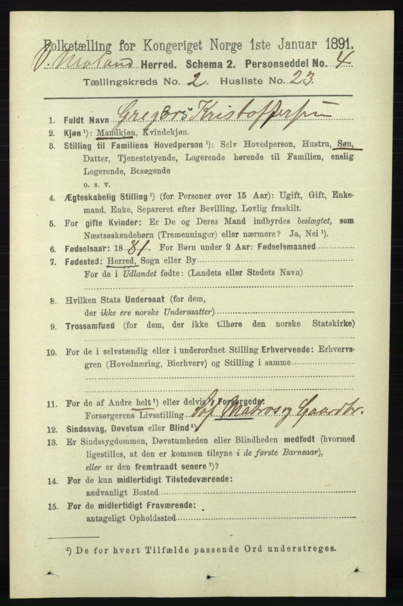 RA, 1891 census for 0926 Vestre Moland, 1891, p. 738