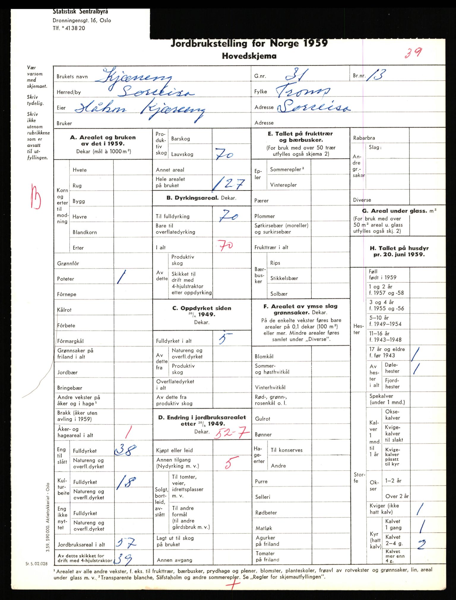 Statistisk sentralbyrå, Næringsøkonomiske emner, Jordbruk, skogbruk, jakt, fiske og fangst, AV/RA-S-2234/G/Gd/L0656: Troms: 1924 Målselv (kl. 0-3) og 1925 Sørreisa, 1959, p. 1171