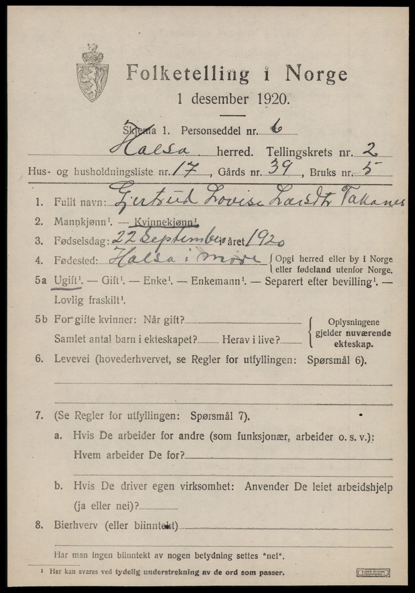 SAT, 1920 census for Halsa, 1920, p. 1088