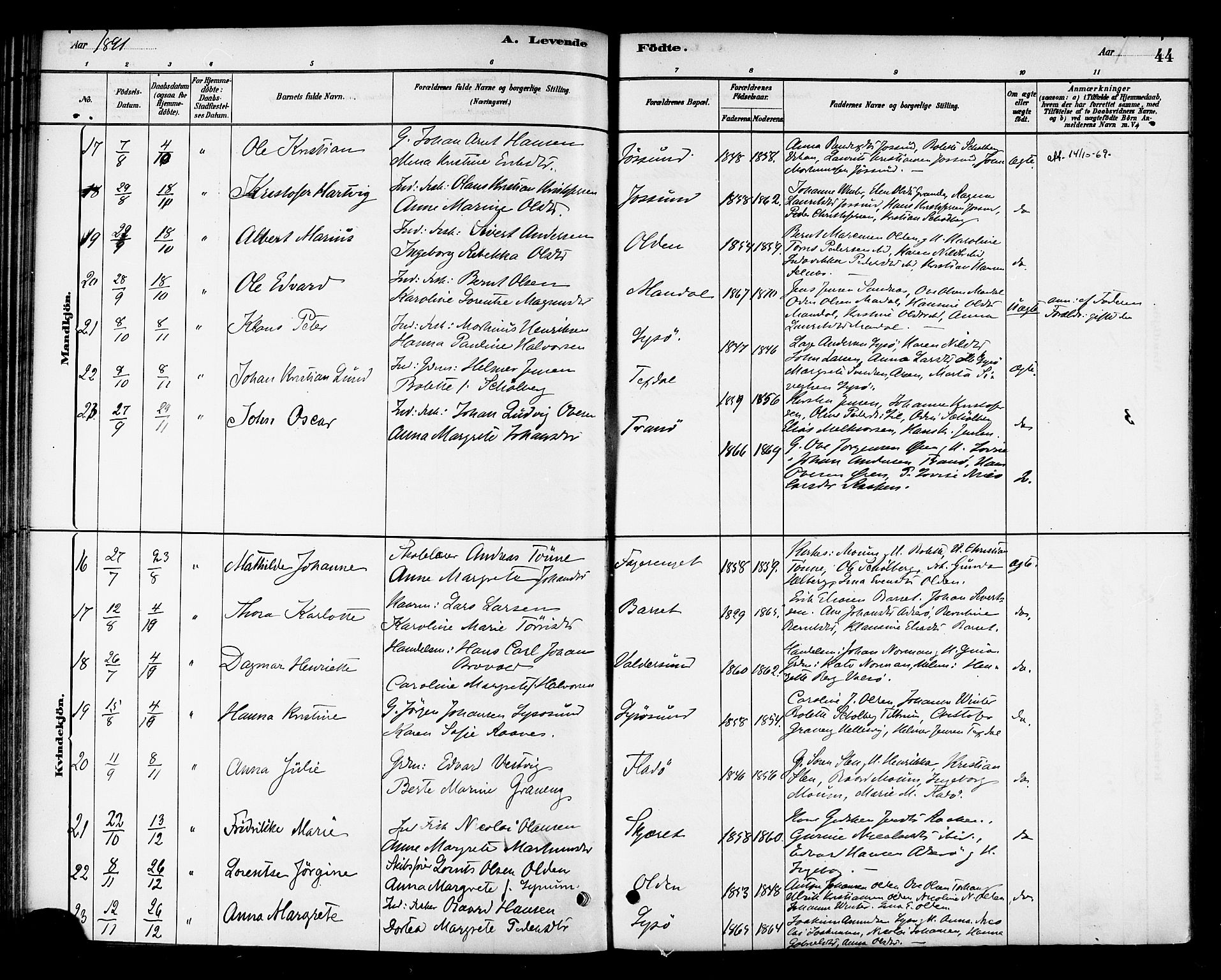 Ministerialprotokoller, klokkerbøker og fødselsregistre - Sør-Trøndelag, SAT/A-1456/654/L0663: Parish register (official) no. 654A01, 1880-1894, p. 44
