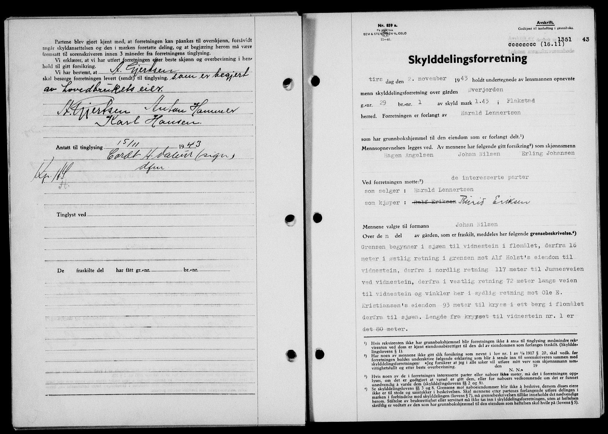 Lofoten sorenskriveri, SAT/A-0017/1/2/2C/L0011a: Mortgage book no. 11a, 1943-1943, Diary no: : 1351/1943