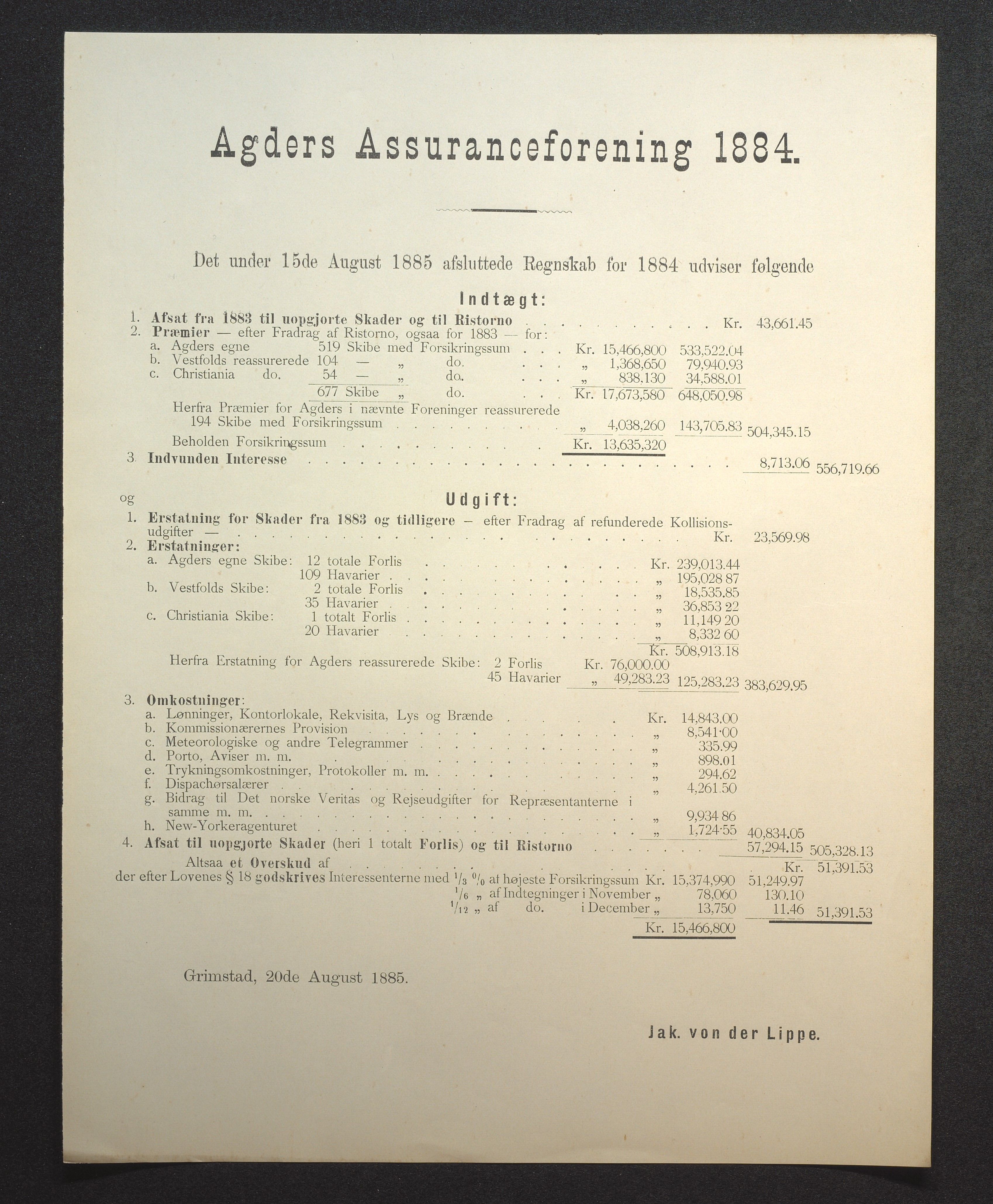 Agders Gjensidige Assuranceforening, AAKS/PA-1718/05/L0002: Regnskap, seilavdeling, pakkesak, 1881-1889