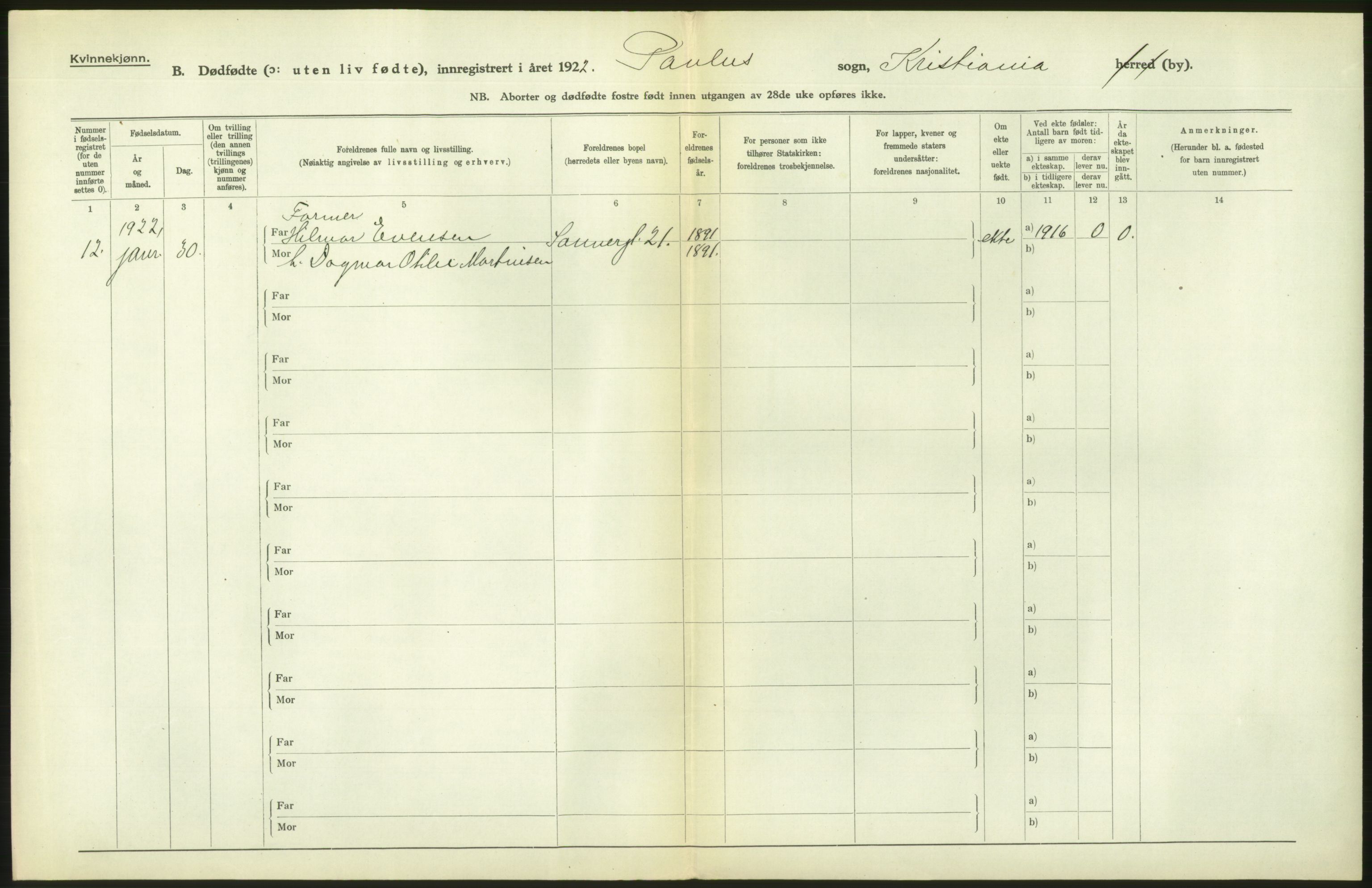 Statistisk sentralbyrå, Sosiodemografiske emner, Befolkning, RA/S-2228/D/Df/Dfc/Dfcb/L0010: Kristiania: Døde, dødfødte, 1922, p. 46