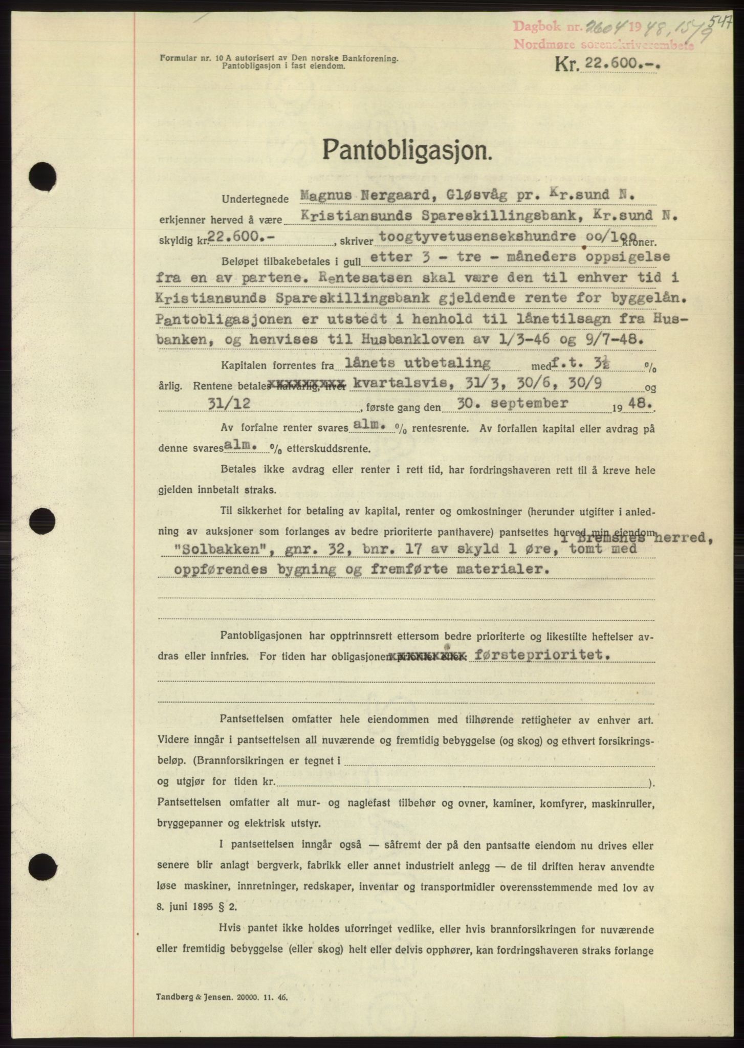 Nordmøre sorenskriveri, AV/SAT-A-4132/1/2/2Ca: Mortgage book no. B99, 1948-1948, Diary no: : 2604/1948