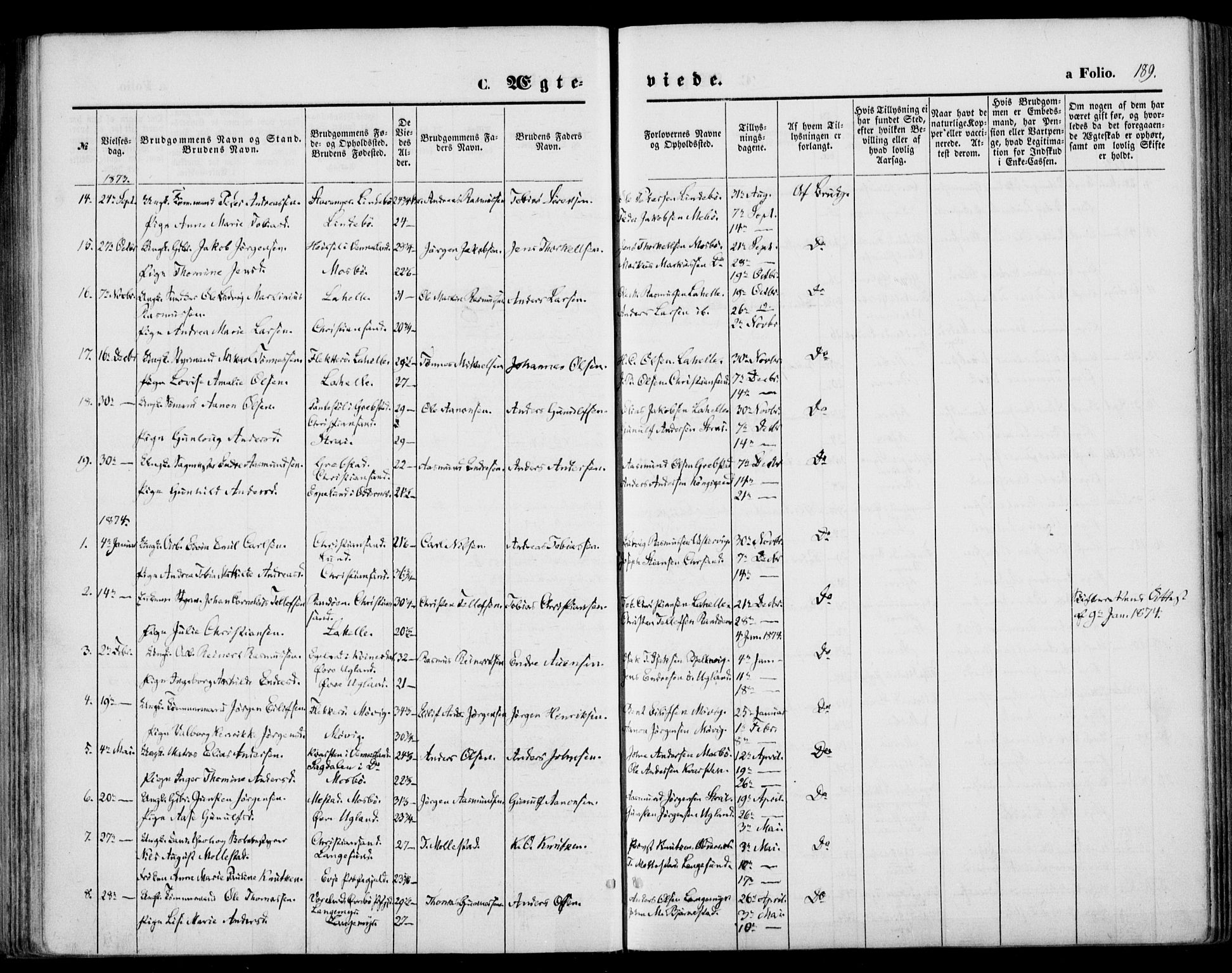 Oddernes sokneprestkontor, SAK/1111-0033/F/Fa/Faa/L0008: Parish register (official) no. A 8, 1864-1880, p. 189