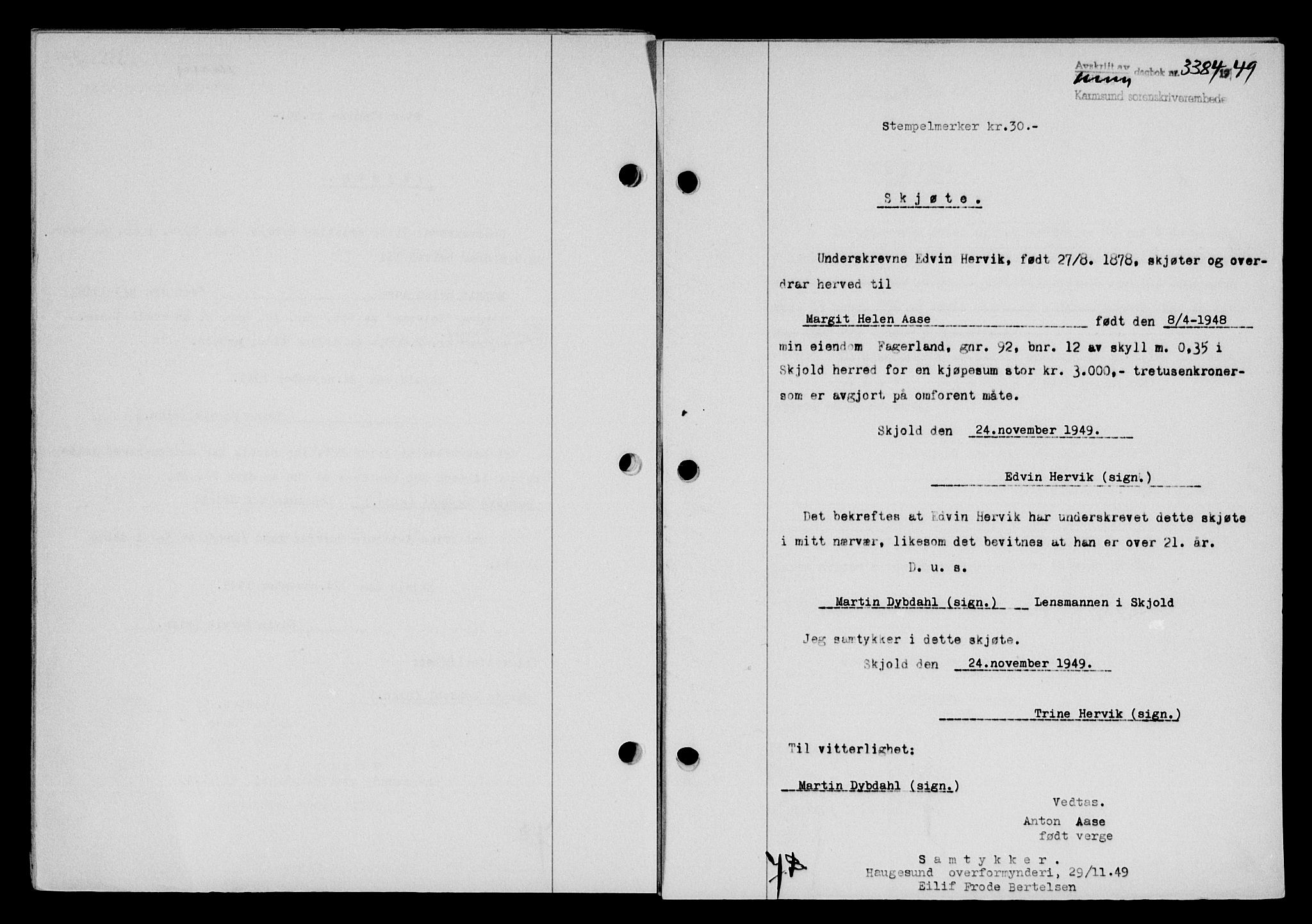 Karmsund sorenskriveri, SAST/A-100311/01/II/IIB/L0098: Mortgage book no. 78A, 1949-1950, Diary no: : 3384/1949