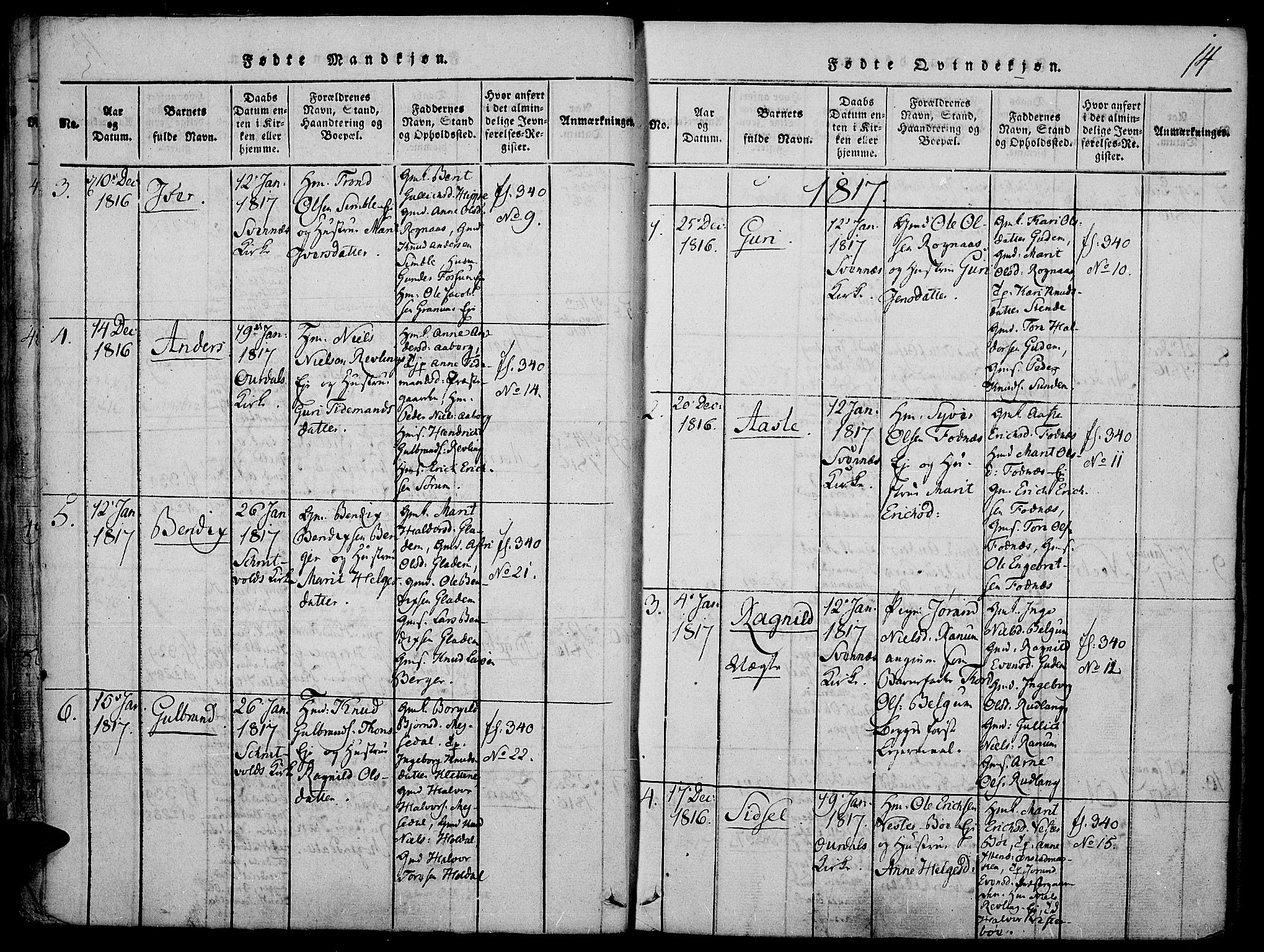 Nord-Aurdal prestekontor, SAH/PREST-132/H/Ha/Haa/L0002: Parish register (official) no. 2, 1816-1828, p. 14
