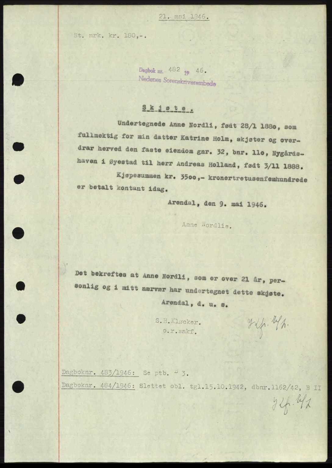 Nedenes sorenskriveri, AV/SAK-1221-0006/G/Gb/Gba/L0054: Mortgage book no. A6c, 1946-1946, Diary no: : 482/1946