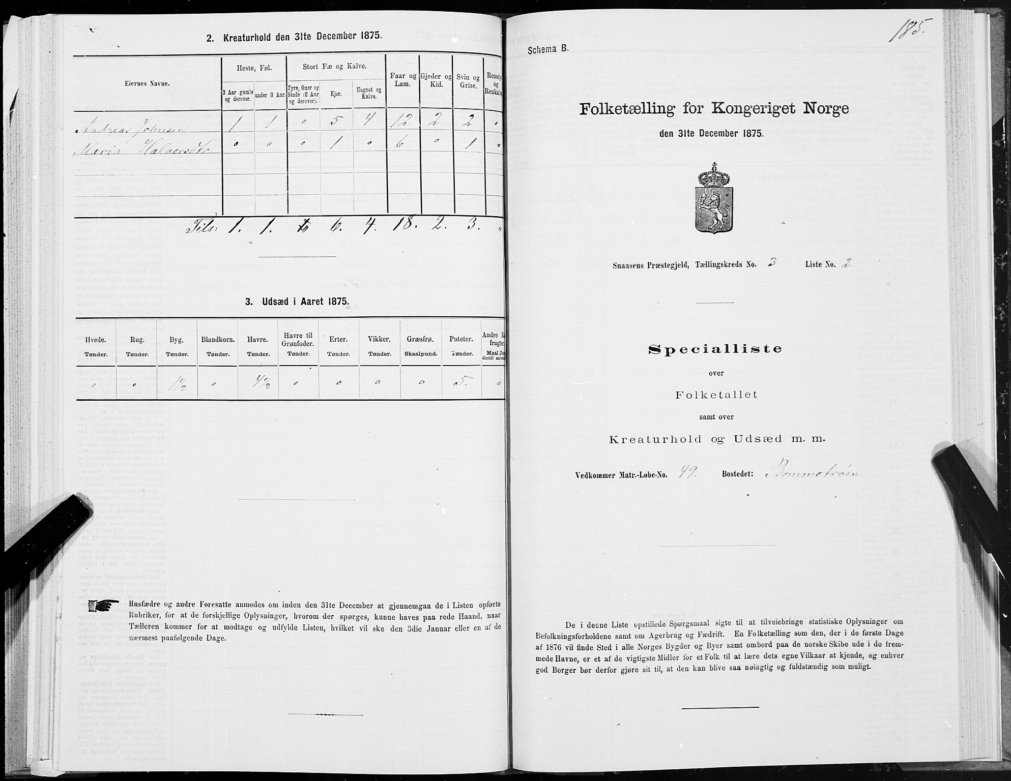 SAT, 1875 census for 1736P Snåsa, 1875, p. 1185