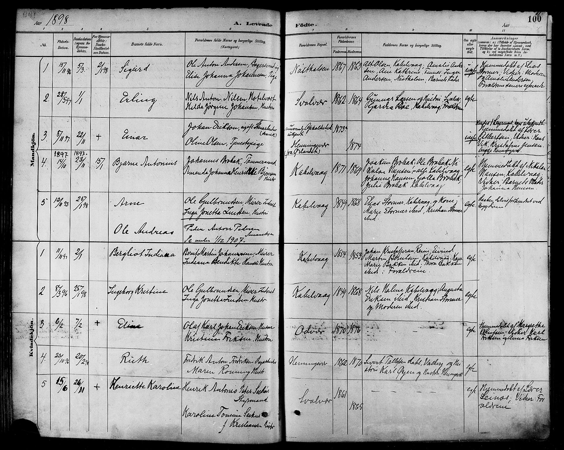 Ministerialprotokoller, klokkerbøker og fødselsregistre - Nordland, AV/SAT-A-1459/874/L1060: Parish register (official) no. 874A04, 1890-1899, p. 100