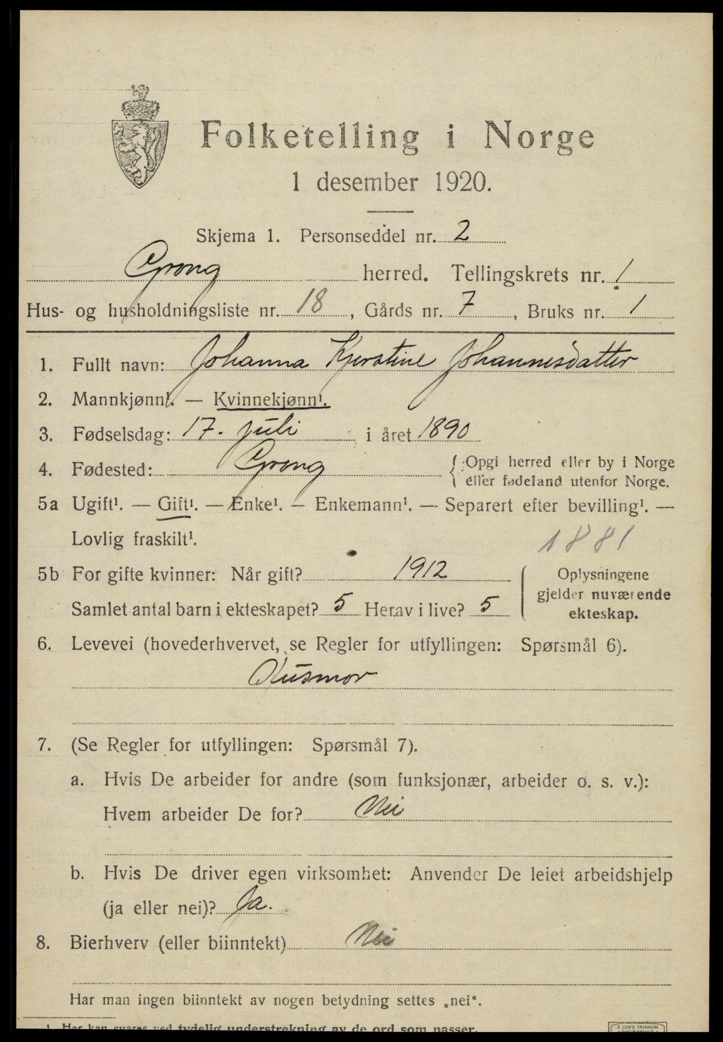 SAT, 1920 census for Grong, 1920, p. 1249