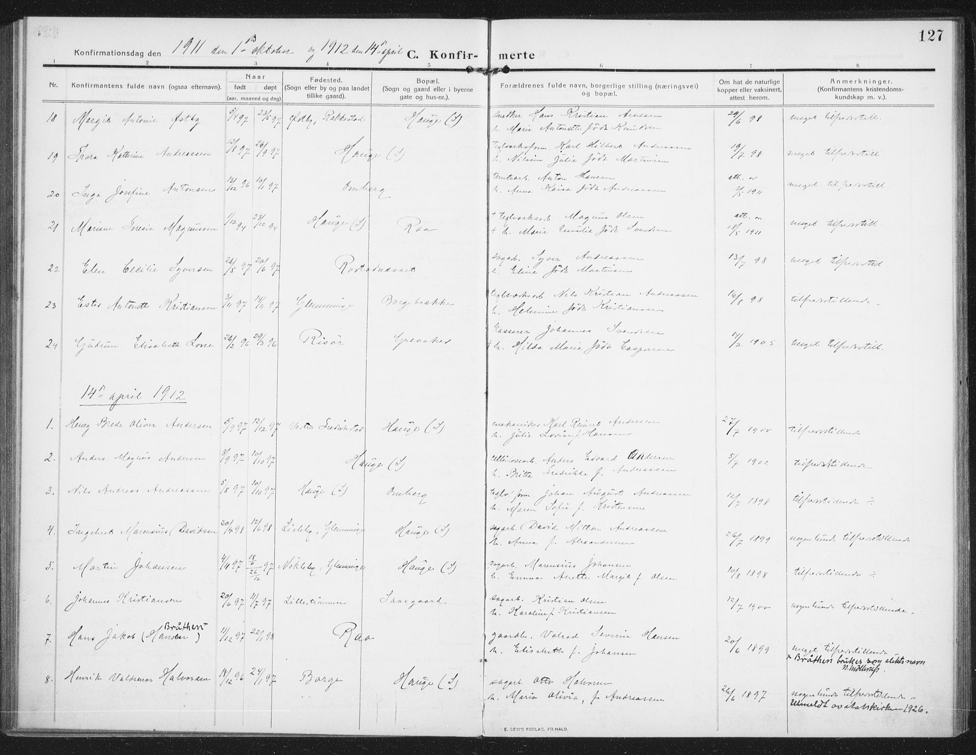 Rolvsøy prestekontor Kirkebøker, AV/SAO-A-2004/F/Fa/L0002: Parish register (official) no. 2, 1909-1917, p. 127