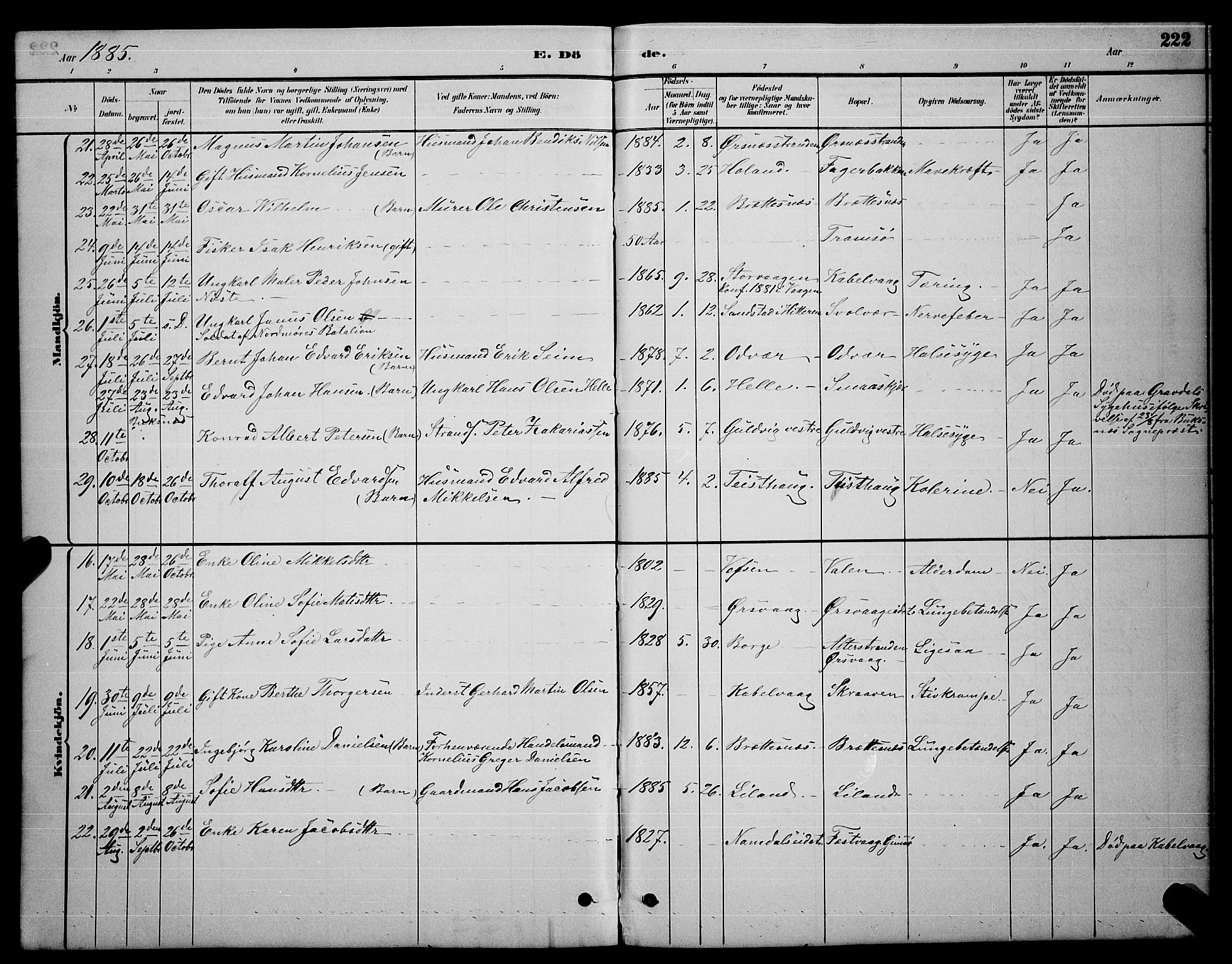 Ministerialprotokoller, klokkerbøker og fødselsregistre - Nordland, AV/SAT-A-1459/874/L1076: Parish register (copy) no. 874C05, 1884-1890, p. 222