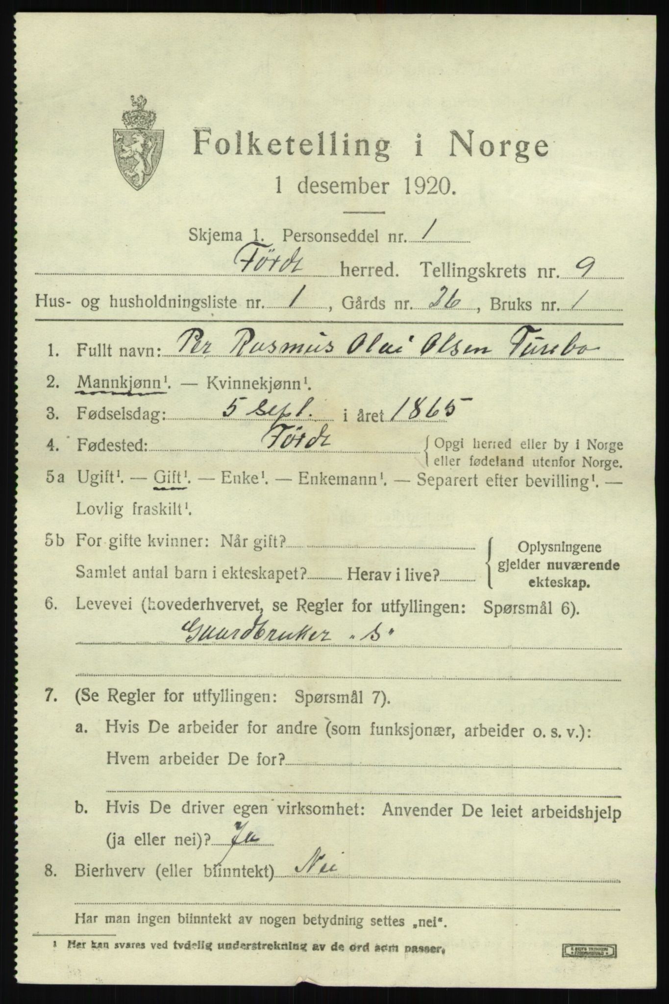 SAB, 1920 census for Førde, 1920, p. 3370