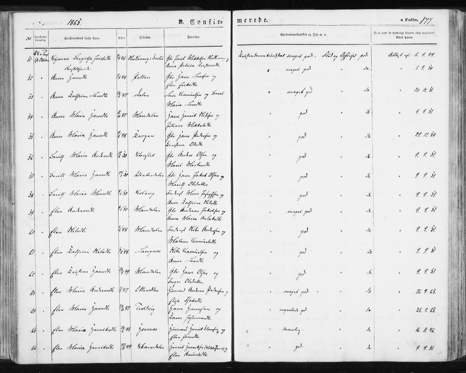 Lyngen sokneprestembete, AV/SATØ-S-1289/H/He/Hea/L0005kirke: Parish register (official) no. 5, 1859-1869, p. 177