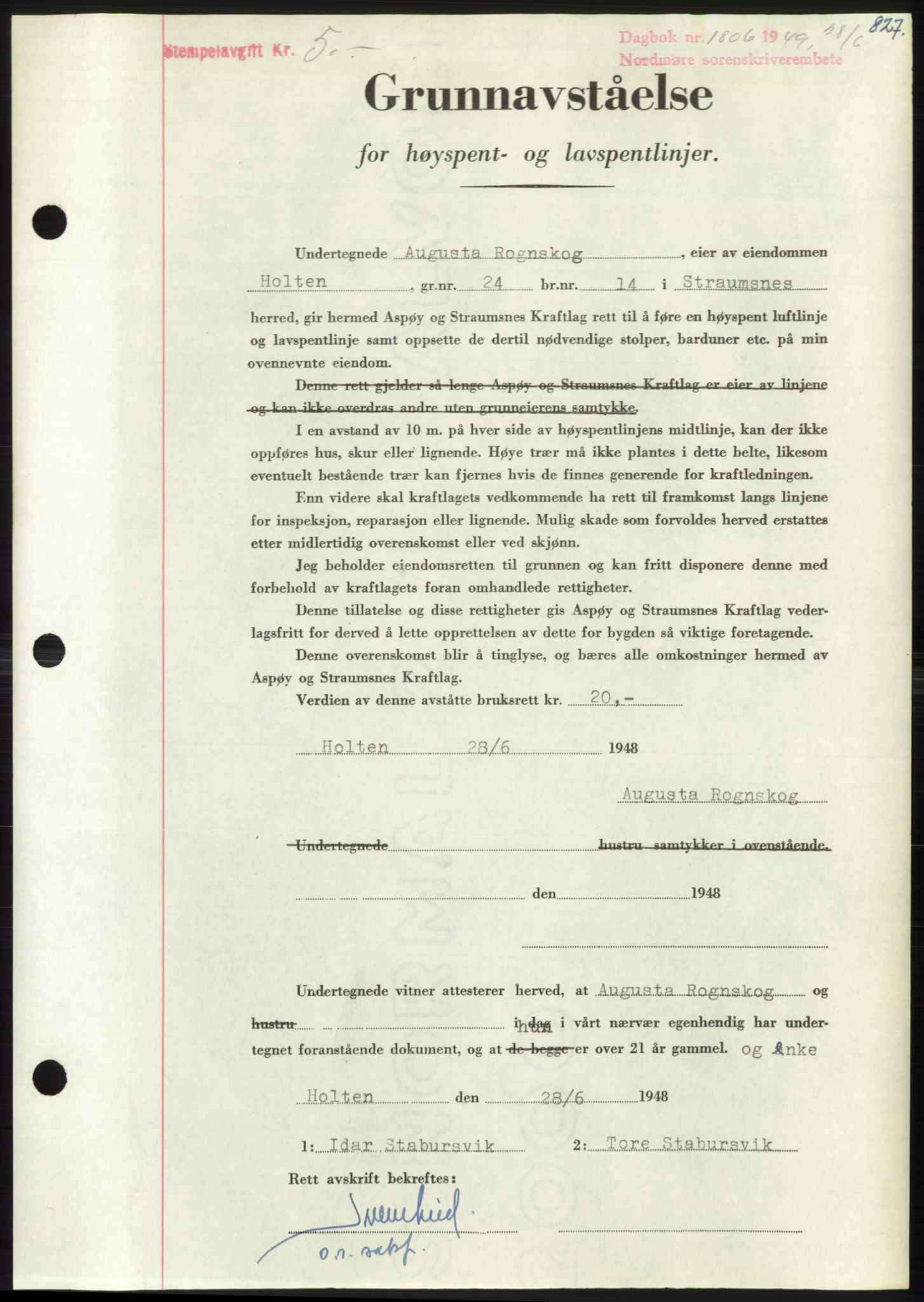 Nordmøre sorenskriveri, AV/SAT-A-4132/1/2/2Ca: Mortgage book no. B101, 1949-1949, Diary no: : 1806/1949