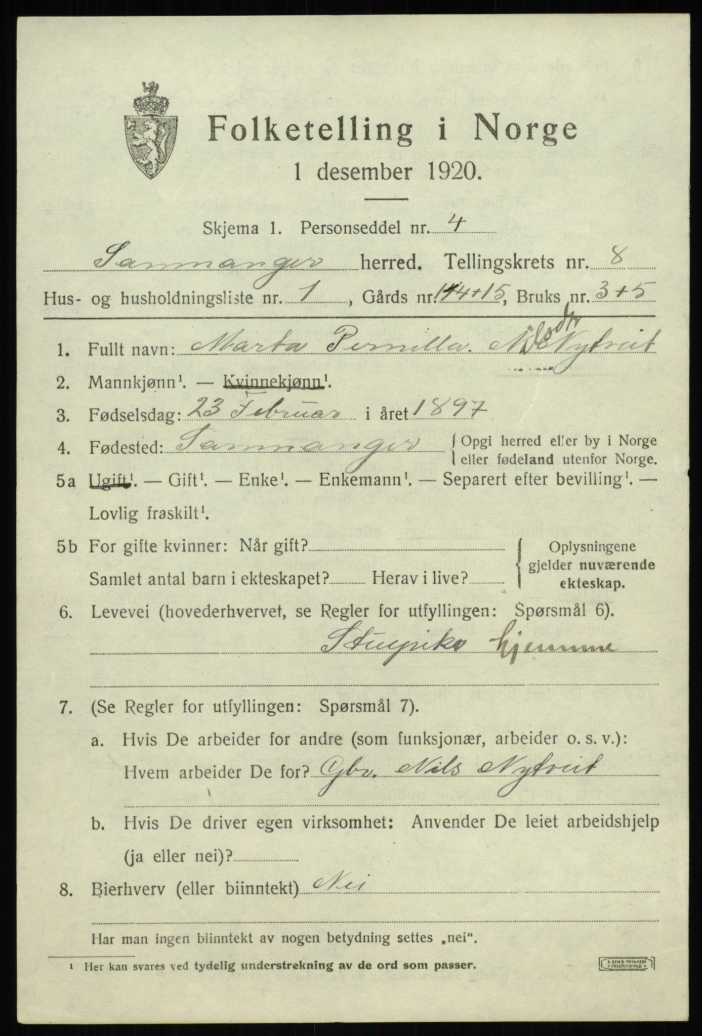 SAB, 1920 census for Samnanger, 1920, p. 3531