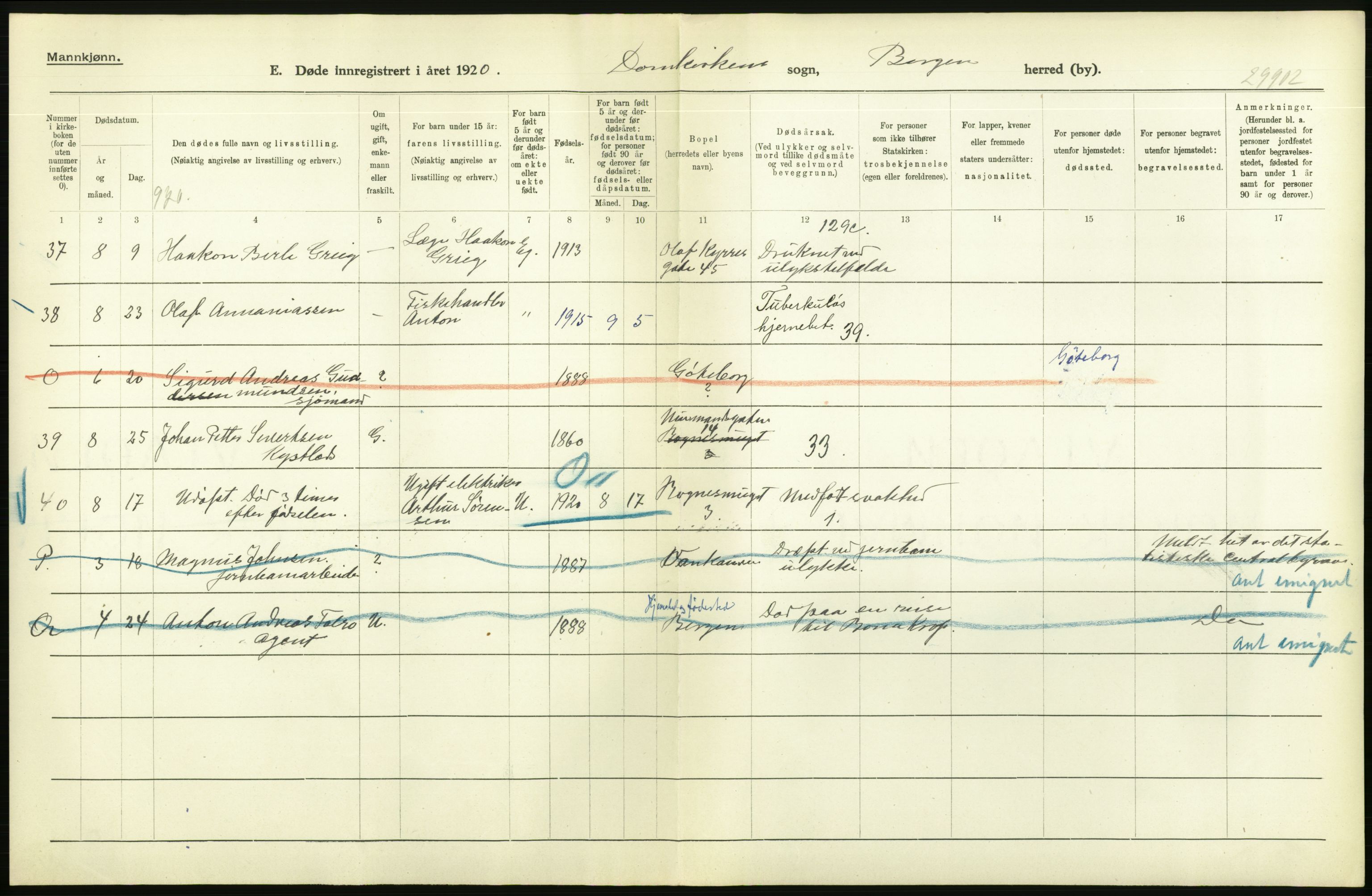 Statistisk sentralbyrå, Sosiodemografiske emner, Befolkning, AV/RA-S-2228/D/Df/Dfb/Dfbj/L0042: Bergen: Gifte, døde, dødfødte., 1920, p. 650