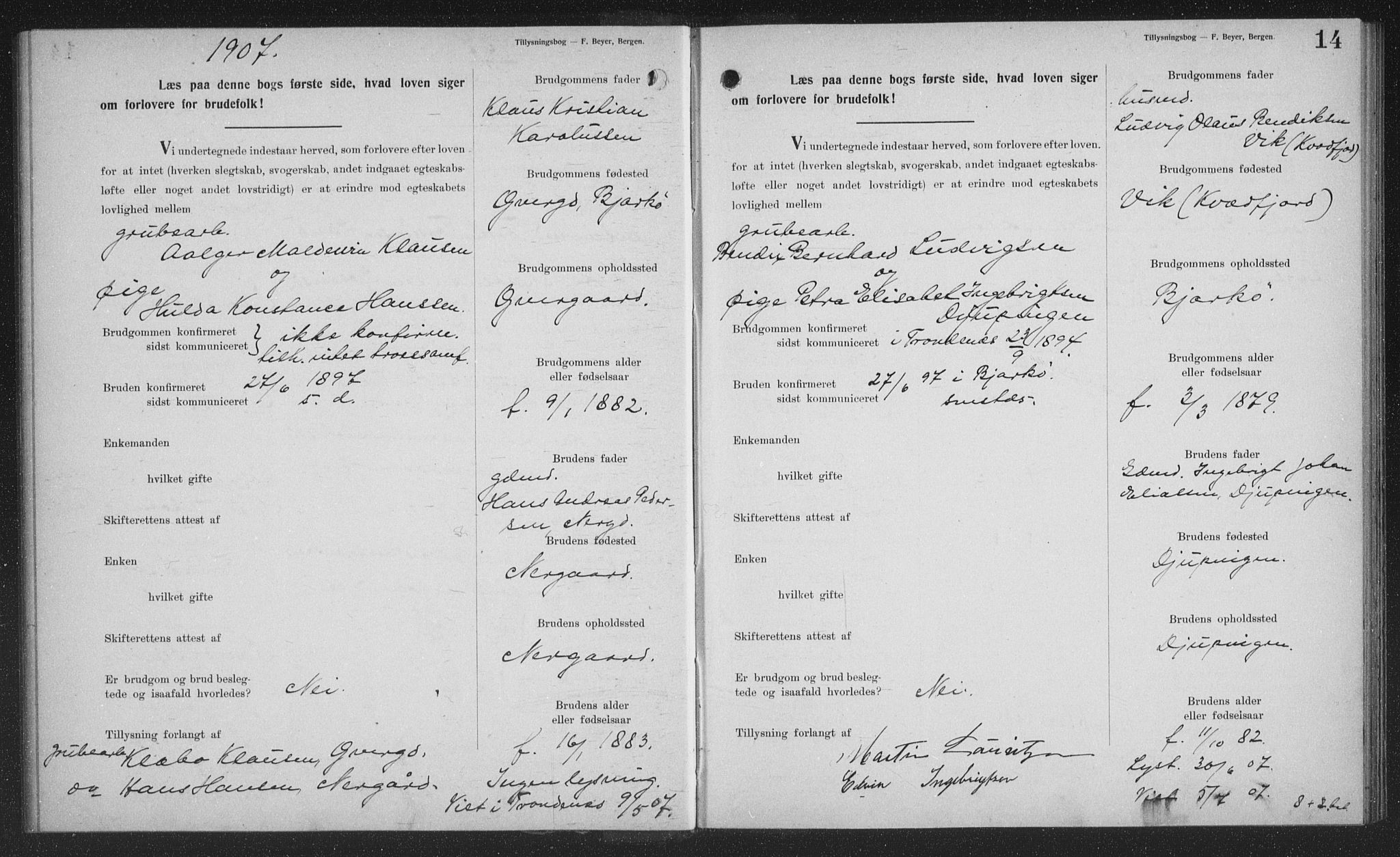 Sand/Bjarkøy sokneprestkontor, AV/SATØ-S-0811/J/Jb/L0024: Banns register no. 24, 1905-1917, p. 14