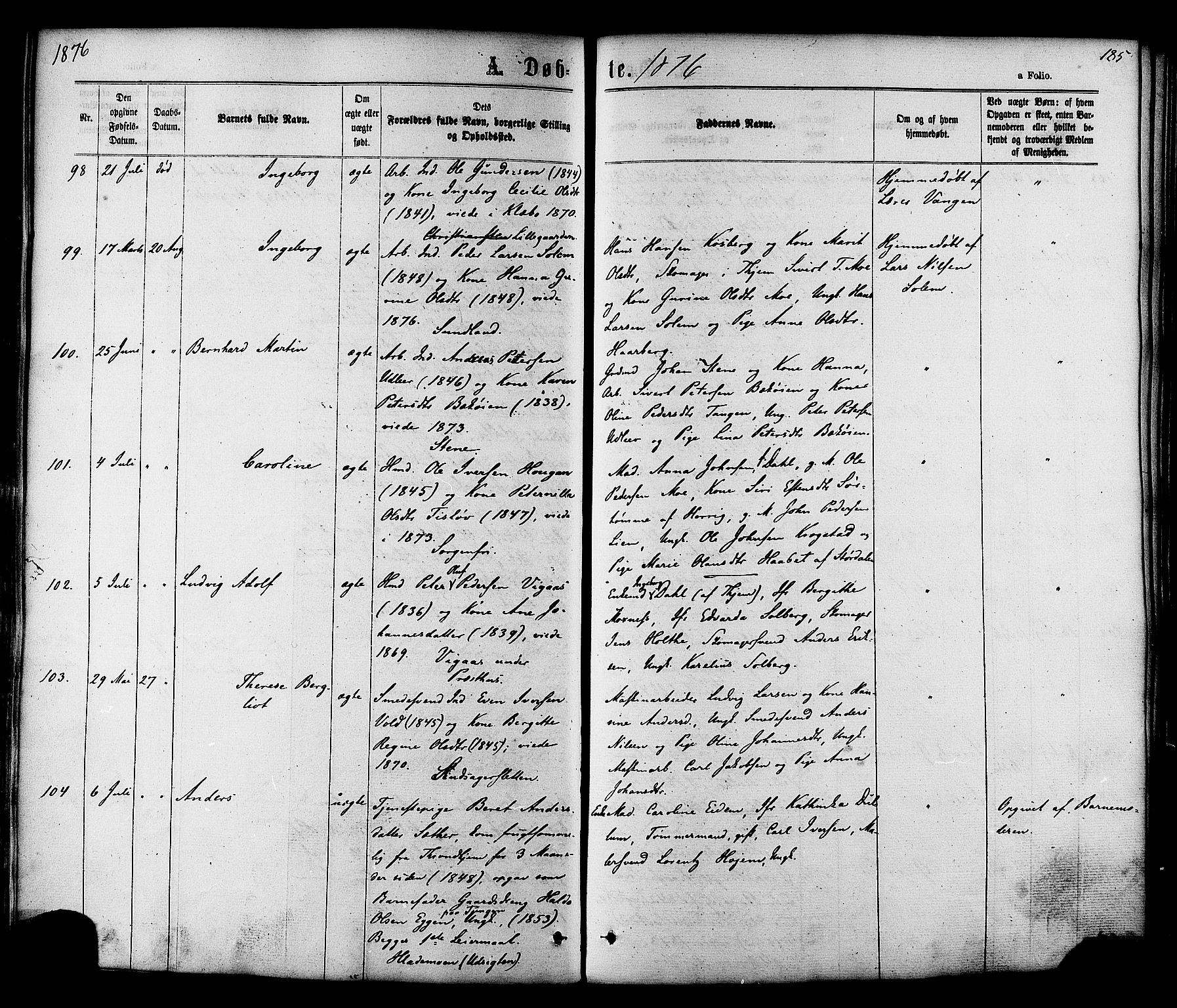 Ministerialprotokoller, klokkerbøker og fødselsregistre - Sør-Trøndelag, SAT/A-1456/606/L0293: Parish register (official) no. 606A08, 1866-1877, p. 185