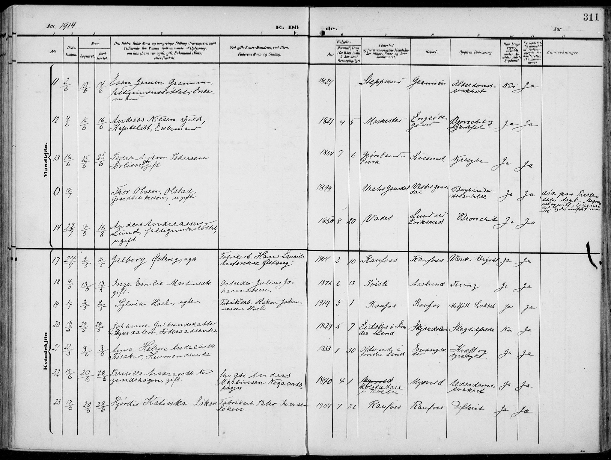 Vestre Toten prestekontor, AV/SAH-PREST-108/H/Ha/Haa/L0014: Parish register (official) no. 14, 1907-1920, p. 311