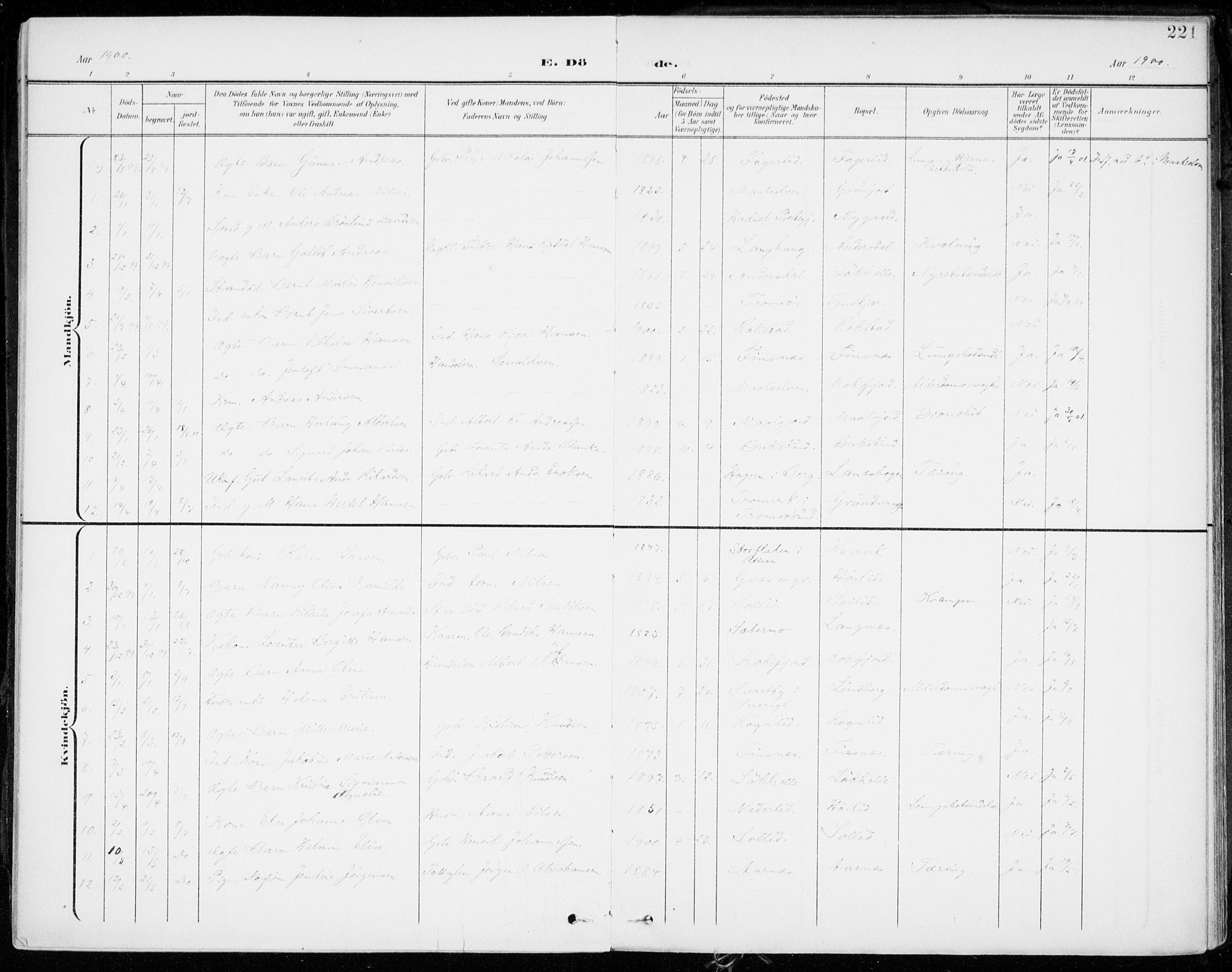 Lenvik sokneprestembete, AV/SATØ-S-1310/H/Ha/Haa/L0014kirke: Parish register (official) no. 14, 1899-1909, p. 221