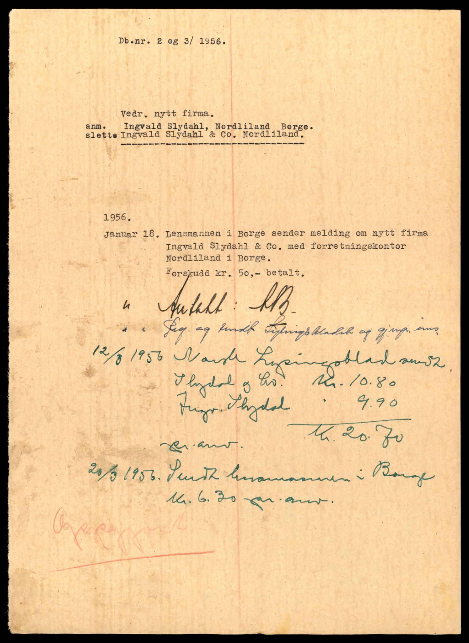 Lofoten sorenskriveri, AV/SAT-A-0017/2/J/Jc/Jcc/L0005: Enkeltmannsforetak, aksjeselskap og andelslag, 1956-1958, p. 1