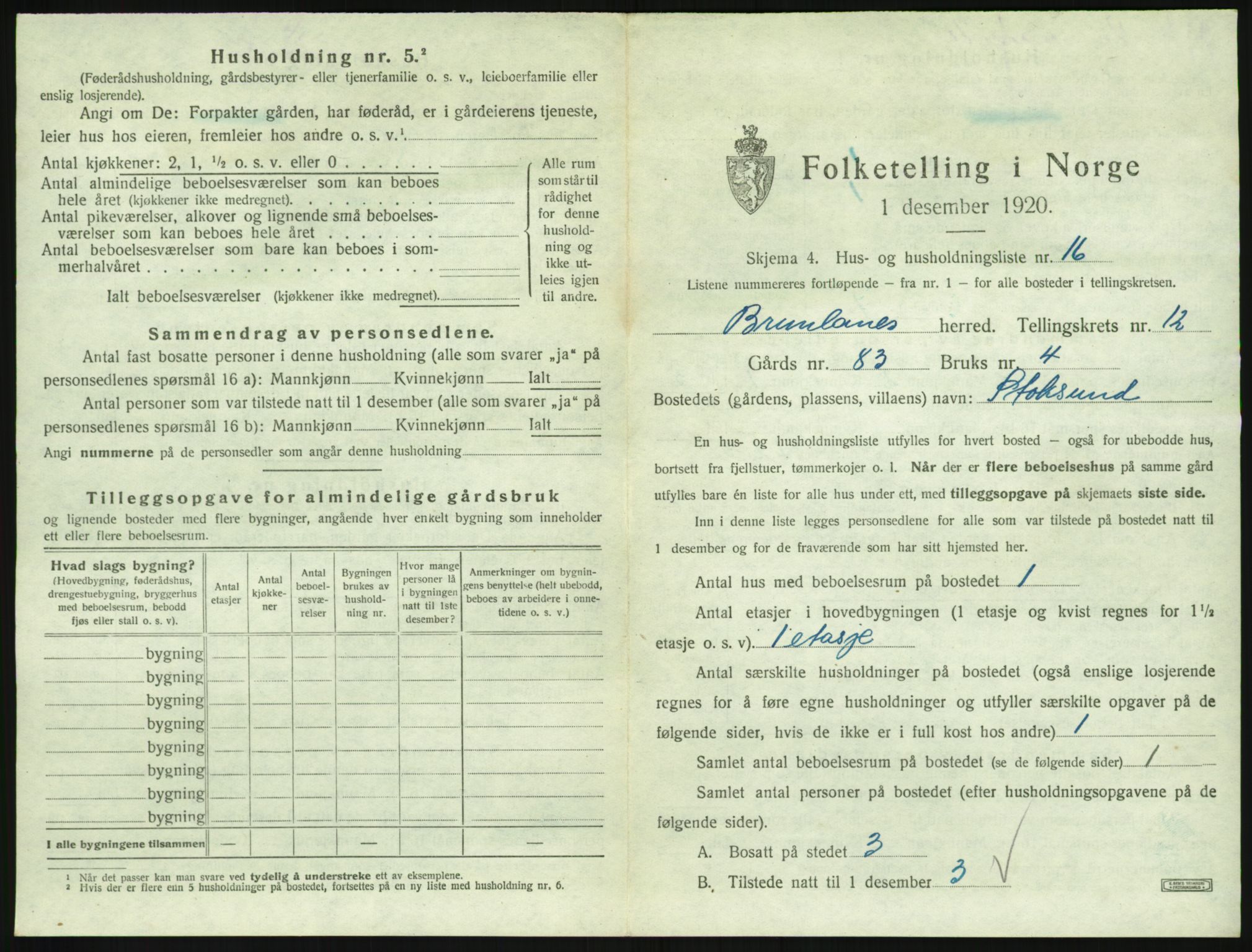 SAKO, 1920 census for Brunlanes, 1920, p. 1727