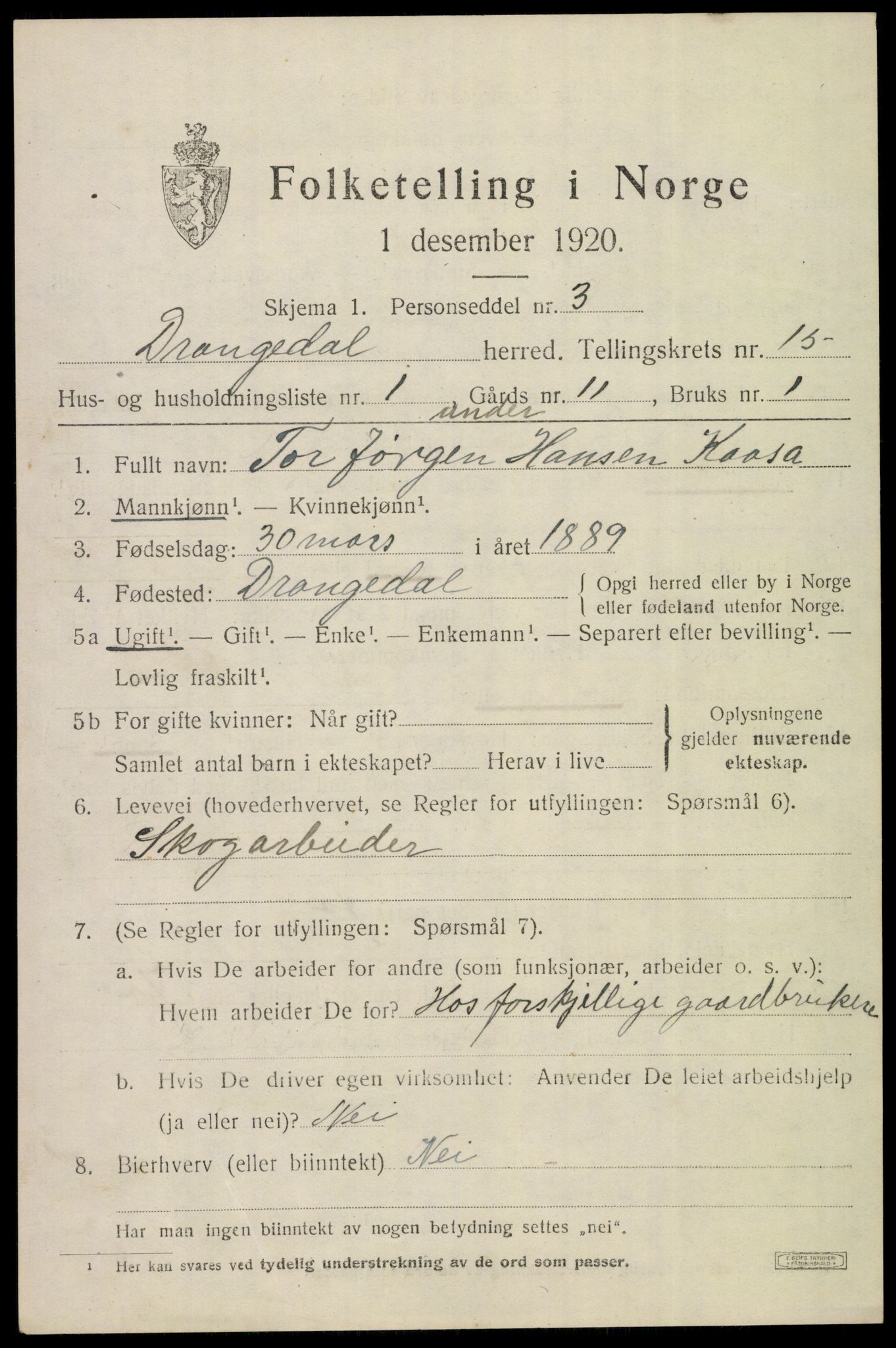 SAKO, 1920 census for Drangedal, 1920, p. 7609