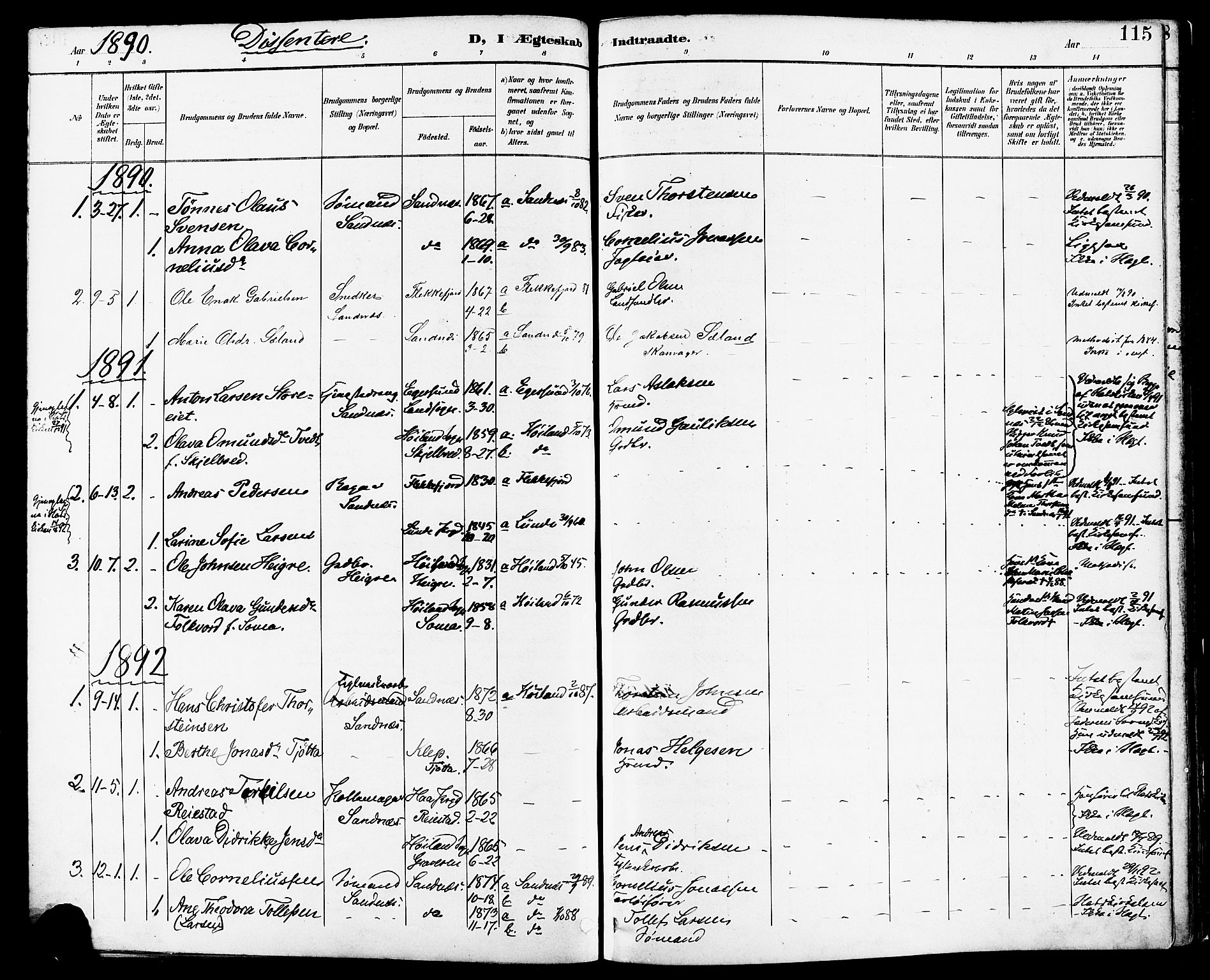 Høyland sokneprestkontor, SAST/A-101799/001/30BA/L0014: Parish register (official) no. A 12, 1890-1898, p. 115