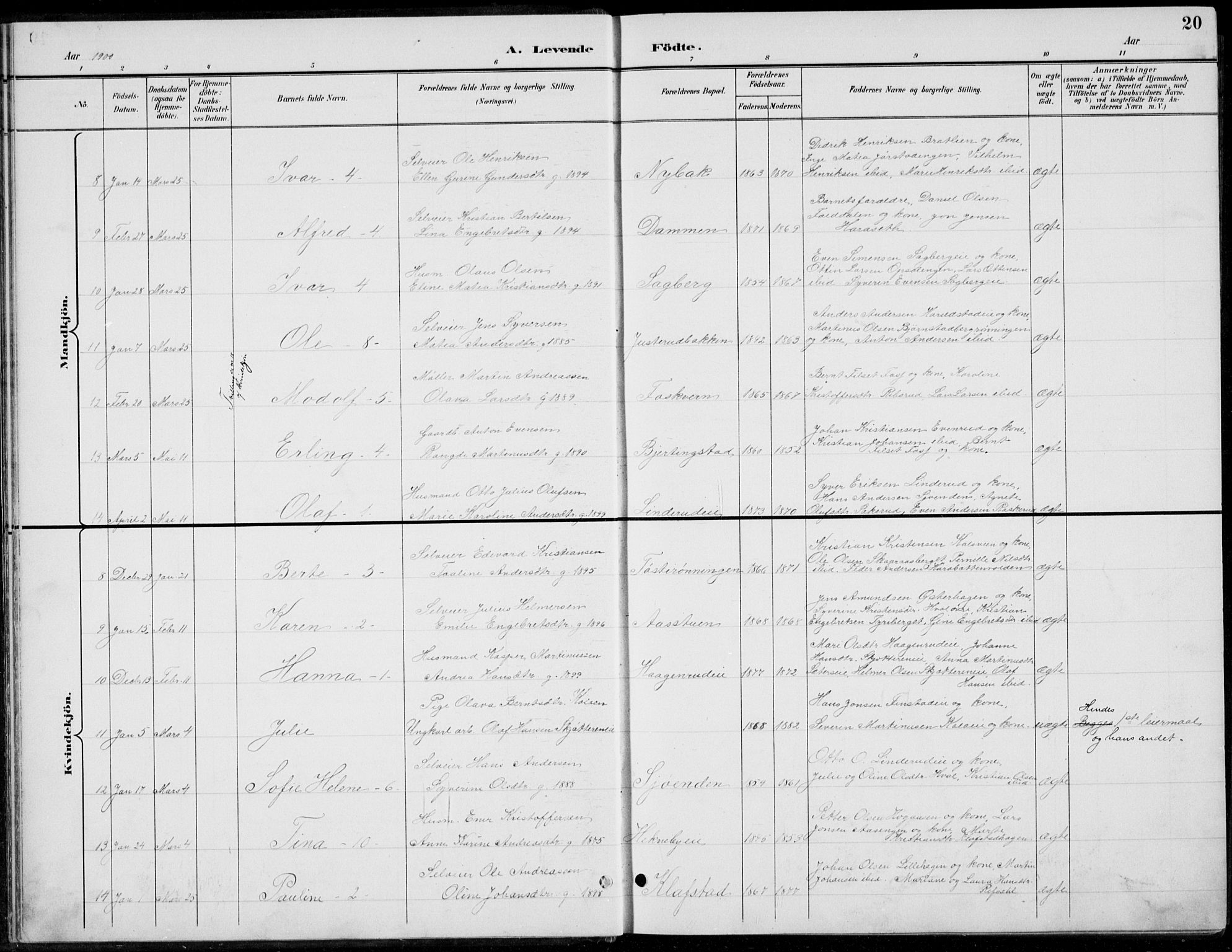 Romedal prestekontor, AV/SAH-PREST-004/L/L0013: Parish register (copy) no. 13, 1896-1937, p. 20