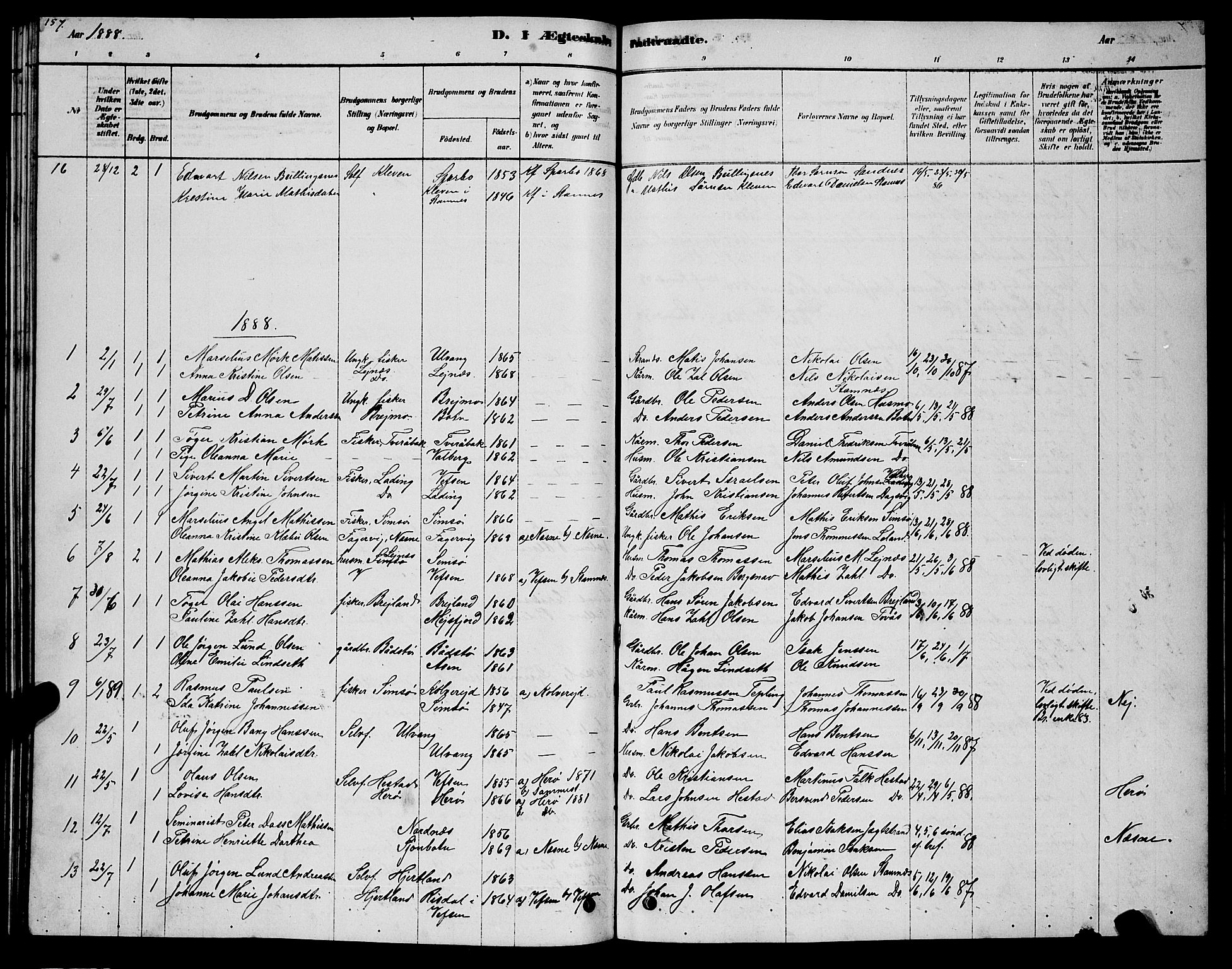 Ministerialprotokoller, klokkerbøker og fødselsregistre - Nordland, AV/SAT-A-1459/831/L0477: Parish register (copy) no. 831C04, 1878-1897, p. 157