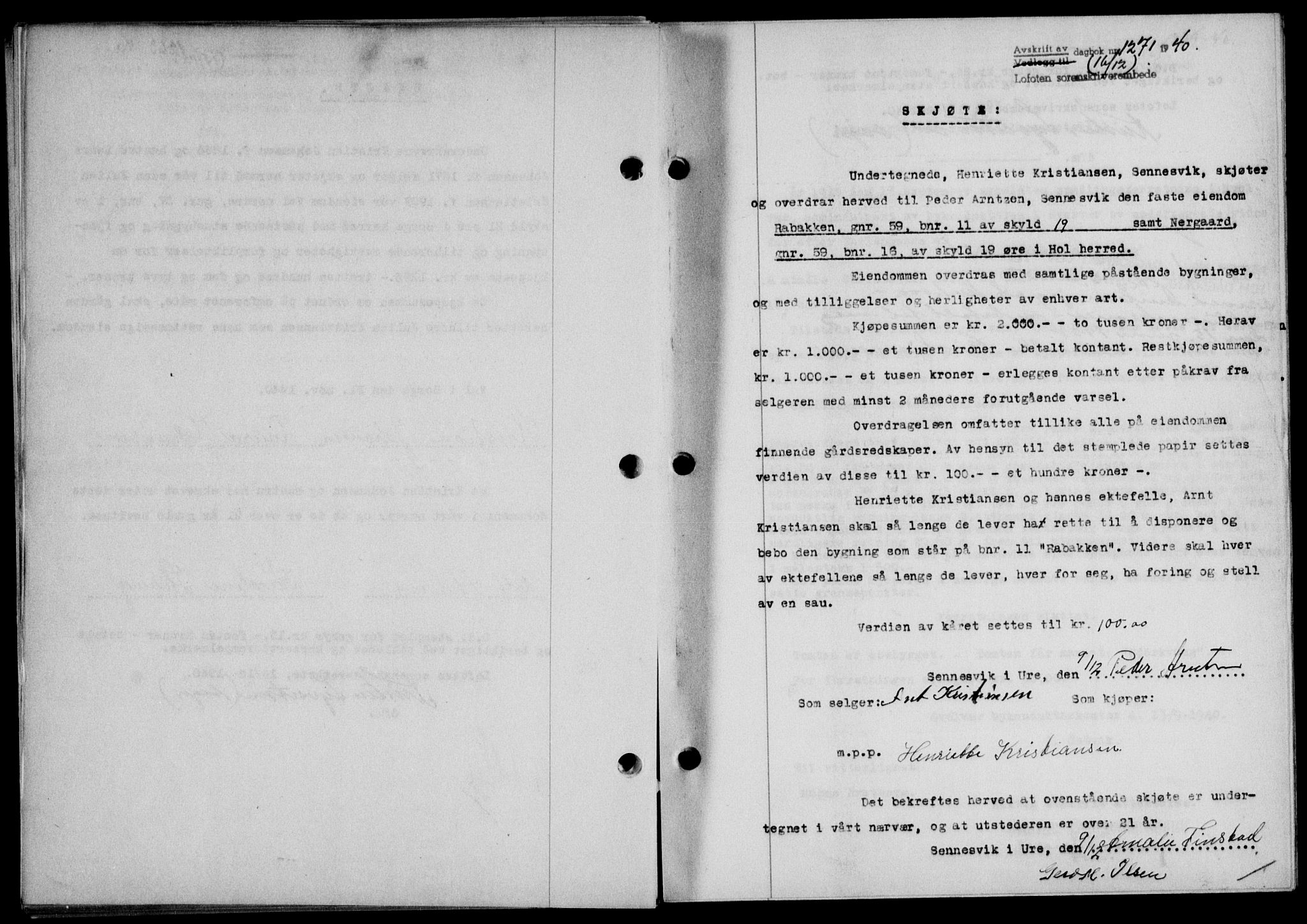 Lofoten sorenskriveri, SAT/A-0017/1/2/2C/L0008a: Mortgage book no. 8a, 1940-1941, Diary no: : 1271/1940