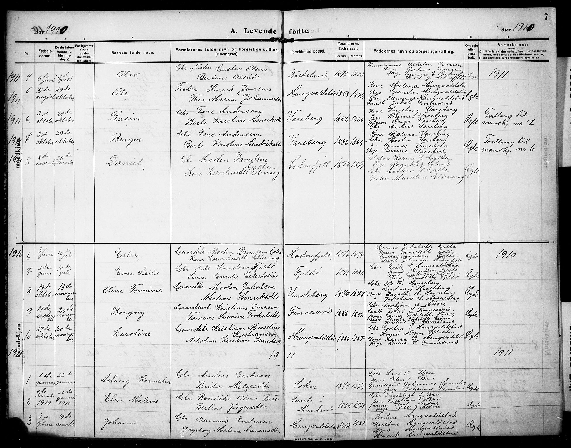 Rennesøy sokneprestkontor, AV/SAST-A -101827/H/Ha/Hab/L0013: Parish register (copy) no. B 12, 1907-1928, p. 7