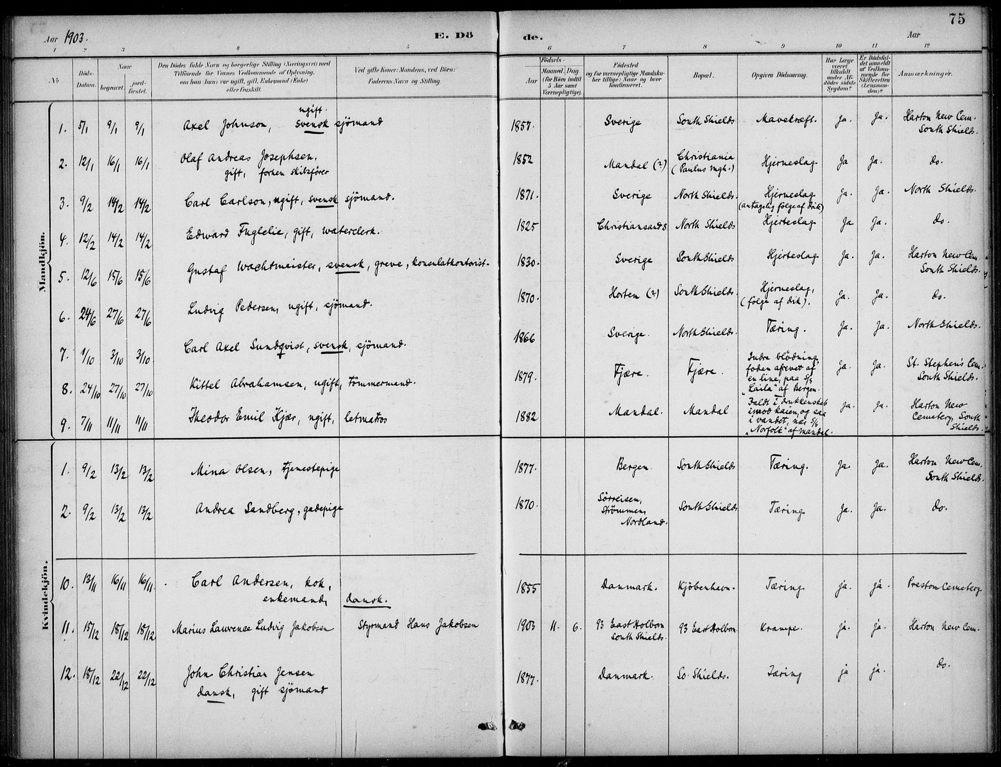 Den norske sjømannsmisjon i utlandet/Tyne-havnene (North Shields og New Castle), SAB/SAB/PA-0101/H/Ha/L0002: Parish register (official) no. A 2, 1883-1938, p. 75