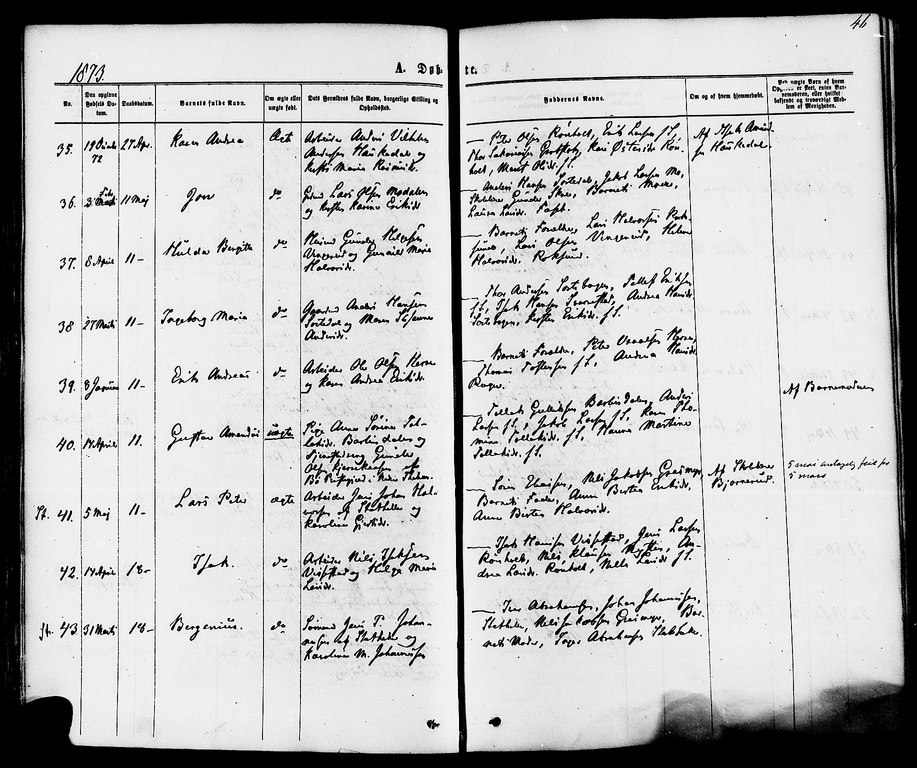 Bamble kirkebøker, AV/SAKO-A-253/F/Fa/L0006: Parish register (official) no. I 6, 1869-1877, p. 46