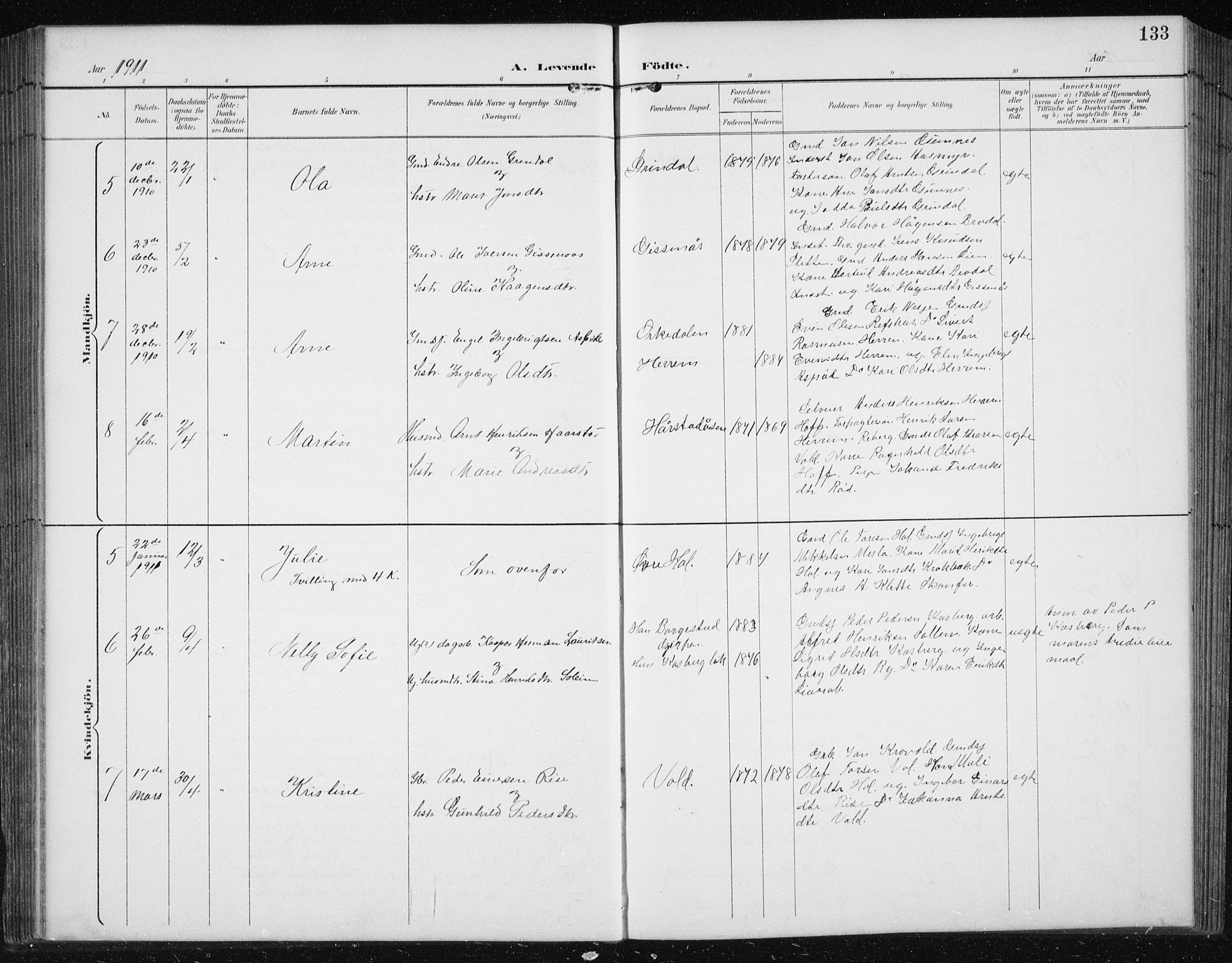 Ministerialprotokoller, klokkerbøker og fødselsregistre - Sør-Trøndelag, SAT/A-1456/674/L0876: Parish register (copy) no. 674C03, 1892-1912, p. 133