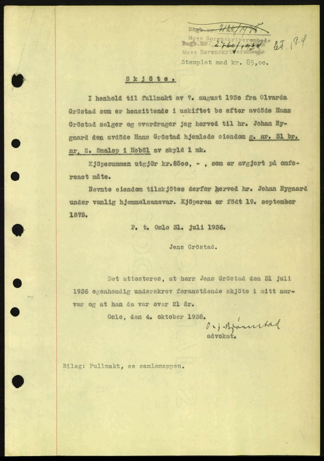 Moss sorenskriveri, SAO/A-10168: Mortgage book no. A5, 1938-1939, Diary no: : 2760/1938