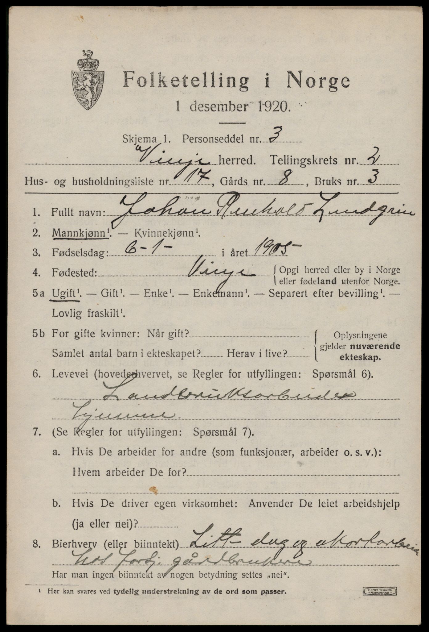 SAKO, 1920 census for Vinje, 1920, p. 1039