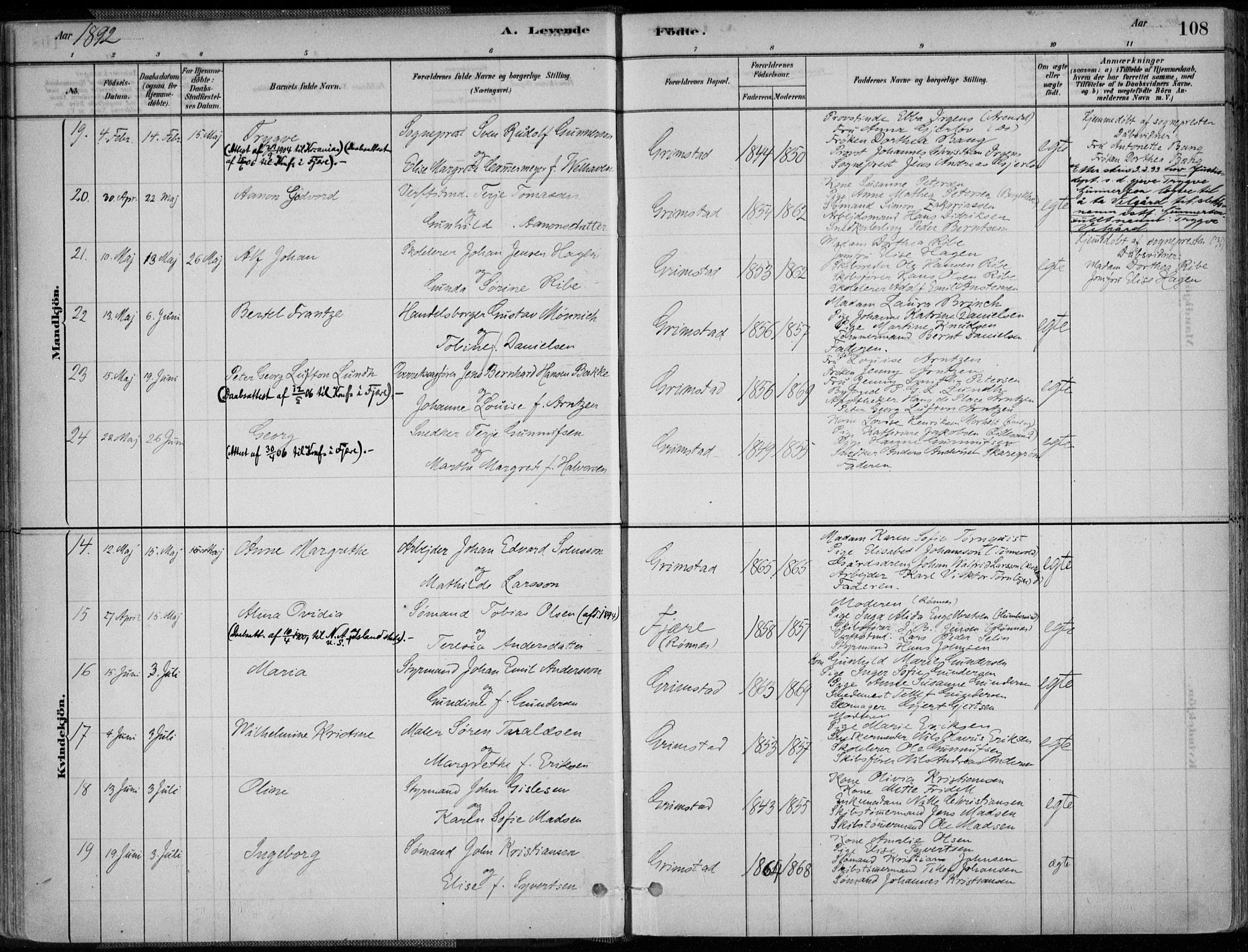 Grimstad sokneprestkontor, SAK/1111-0017/F/Fa/L0003: Parish register (official) no. A 2, 1882-1912, p. 108