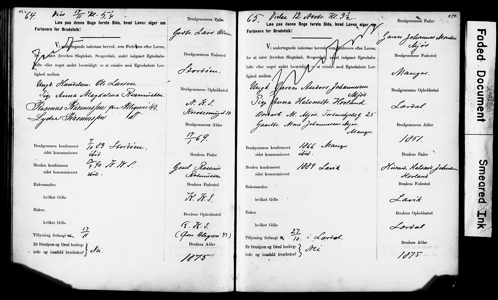 Korskirken sokneprestembete, AV/SAB-A-76101: Best man's statements no. II.5.6, 1889-1898, p. 254