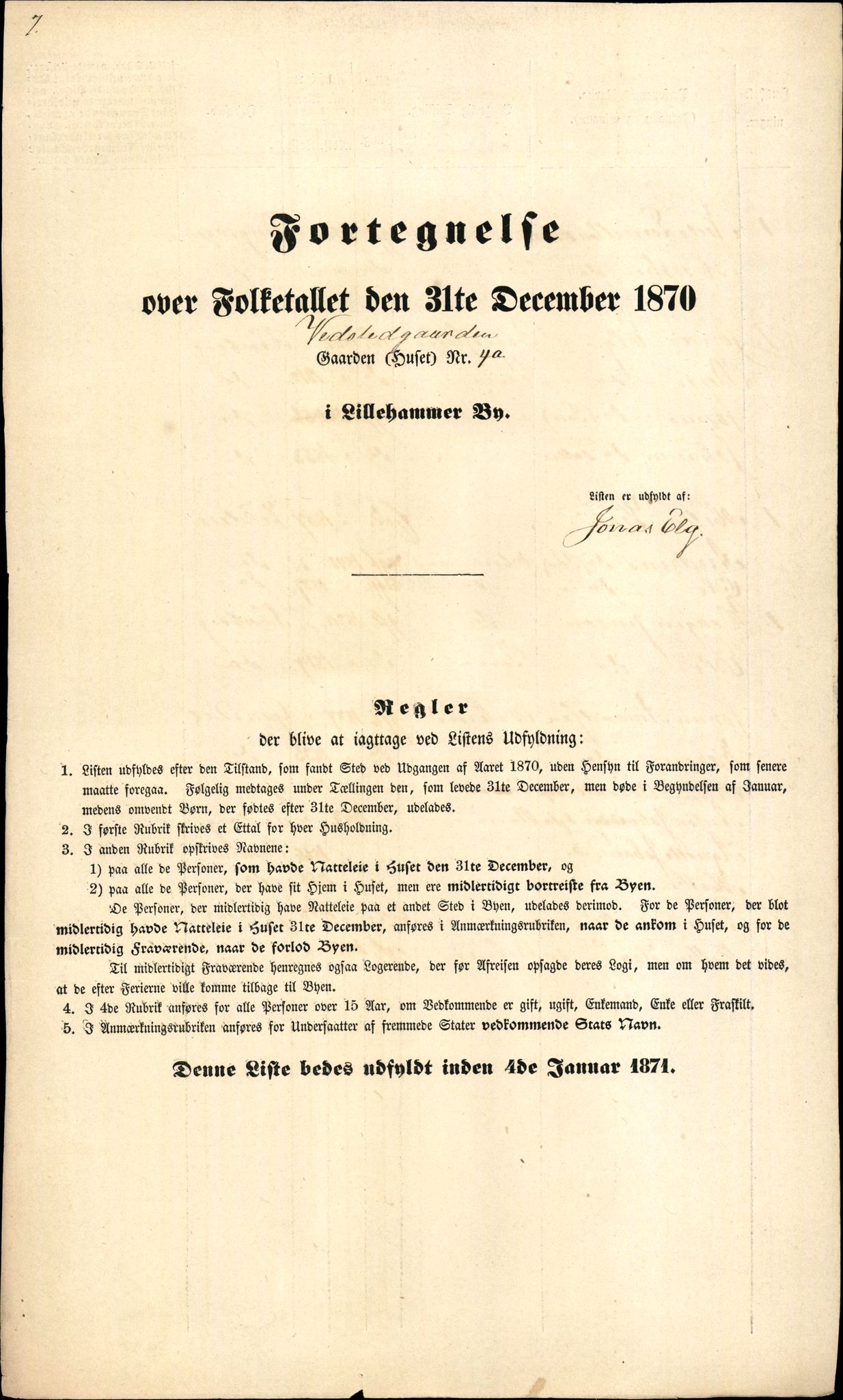 RA, 1870 census for 0501 Lillehammer, 1870, p. 7