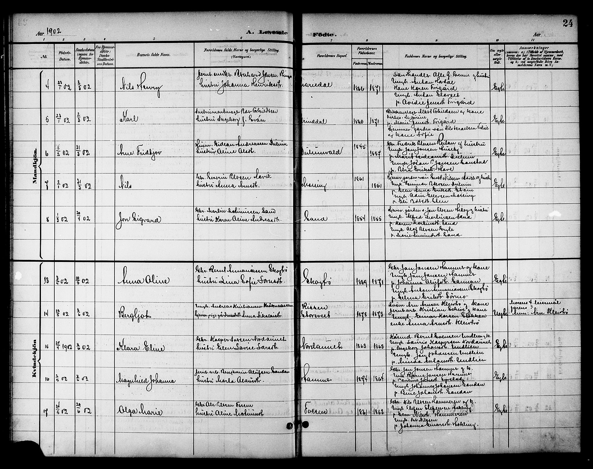 Ministerialprotokoller, klokkerbøker og fødselsregistre - Nord-Trøndelag, SAT/A-1458/714/L0135: Parish register (copy) no. 714C04, 1899-1918, p. 24