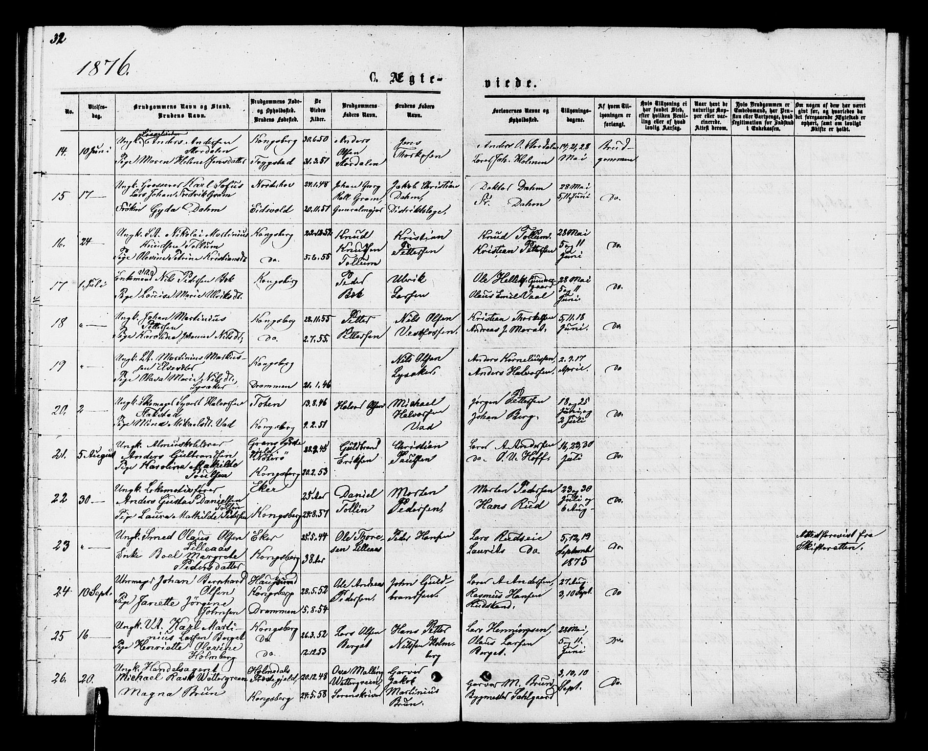 Kongsberg kirkebøker, AV/SAKO-A-22/F/Fa/L0011: Parish register (official) no. I 11, 1876-1877, p. 32