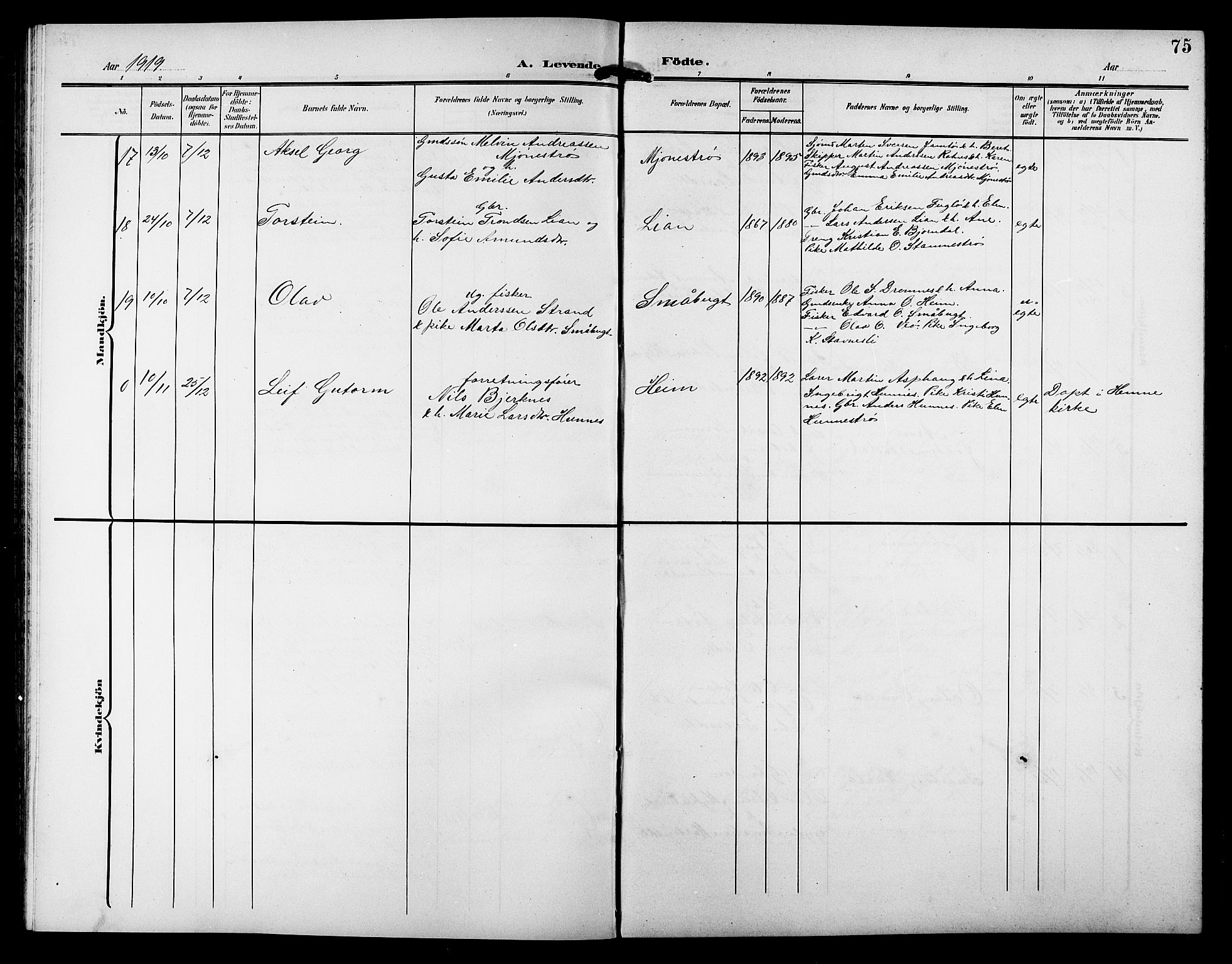 Ministerialprotokoller, klokkerbøker og fødselsregistre - Sør-Trøndelag, AV/SAT-A-1456/633/L0520: Parish register (copy) no. 633C02, 1906-1921, p. 75