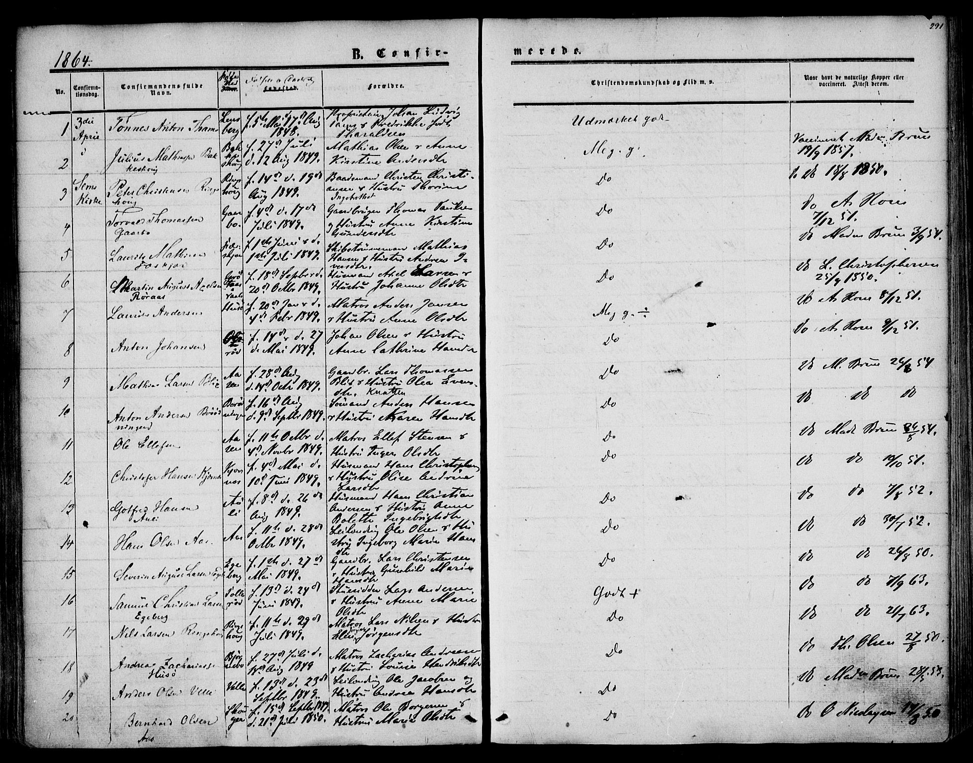 Sem kirkebøker, AV/SAKO-A-5/F/Fa/L0007: Parish register (official) no. I 7, 1856-1865, p. 291