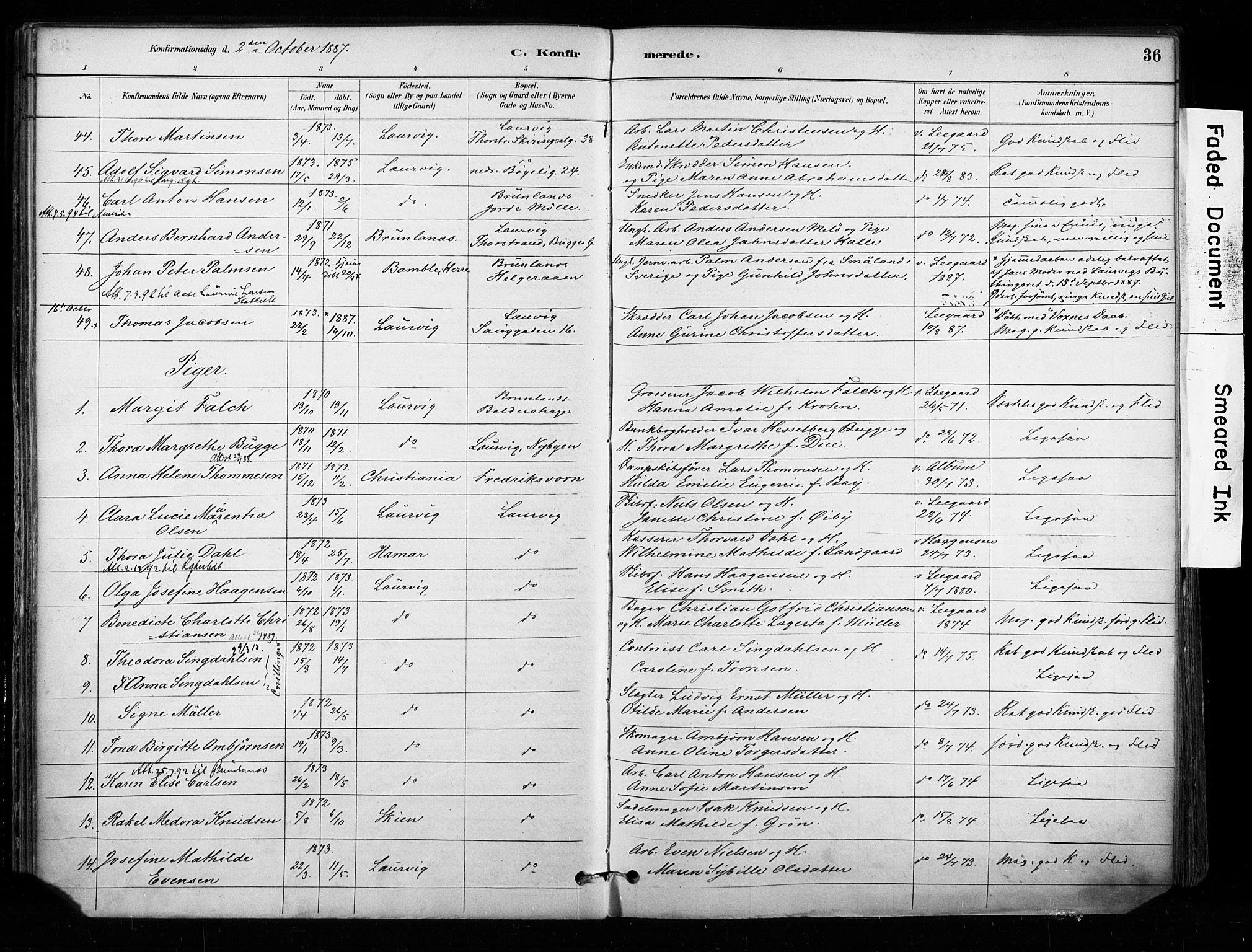 Larvik kirkebøker, AV/SAKO-A-352/F/Fa/L0008: Parish register (official) no. I 8, 1884-1902, p. 36