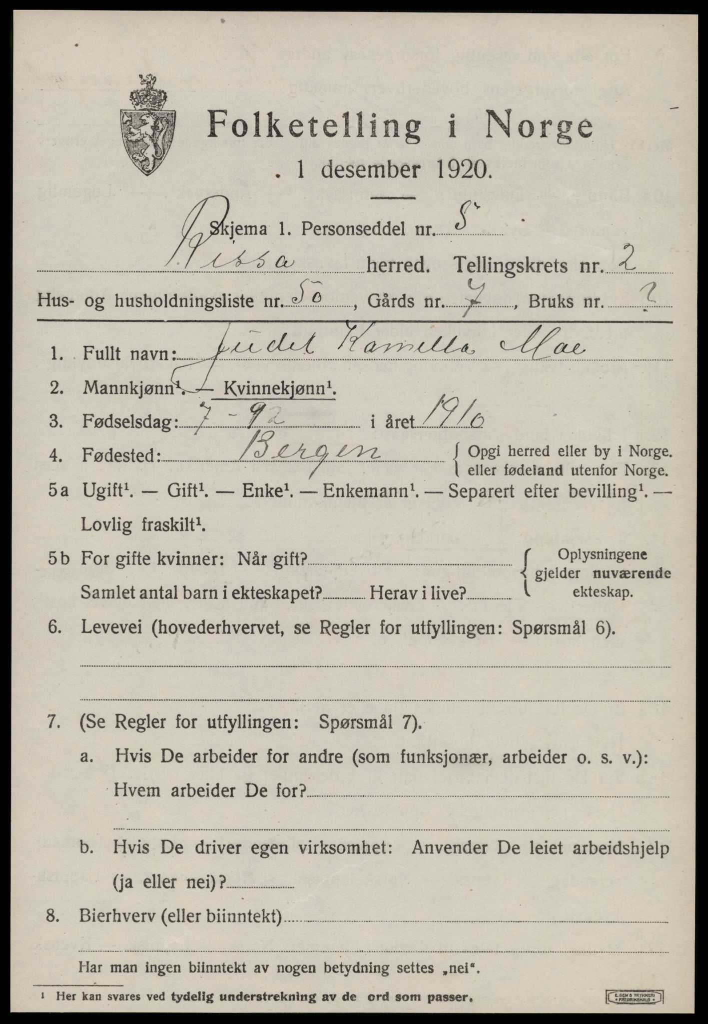 SAT, 1920 census for Rissa, 1920, p. 2287