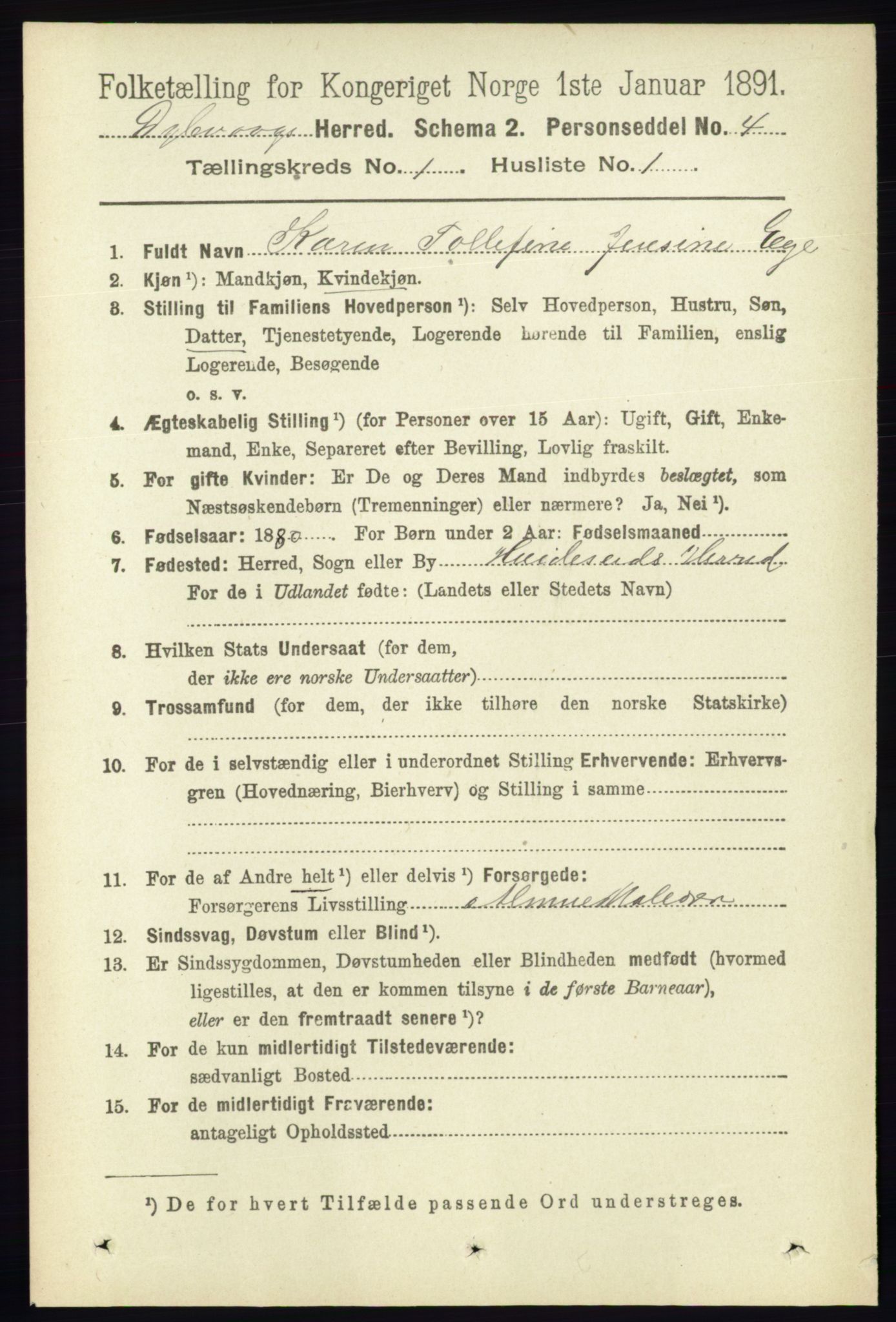 RA, 1891 census for 0915 Dypvåg, 1891, p. 109